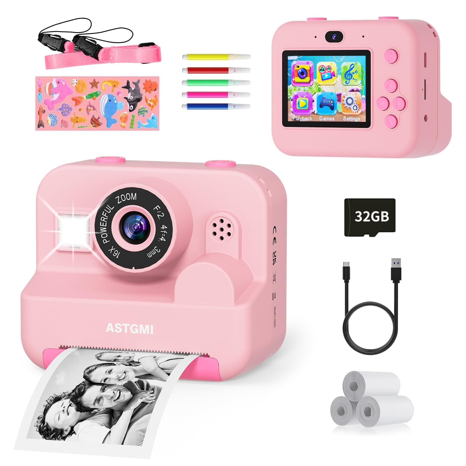 ASTGMI Macchina Fotografica Bambini Istantanea, 2,4 Pollici 1080P Fotocamera Bambini Selfie con Carta da Stampa e 32GB Scheda, Giocattolo Regalo di Natale Bambino e Bambina 3 4 5 6 7 8 Anni (Rosa)