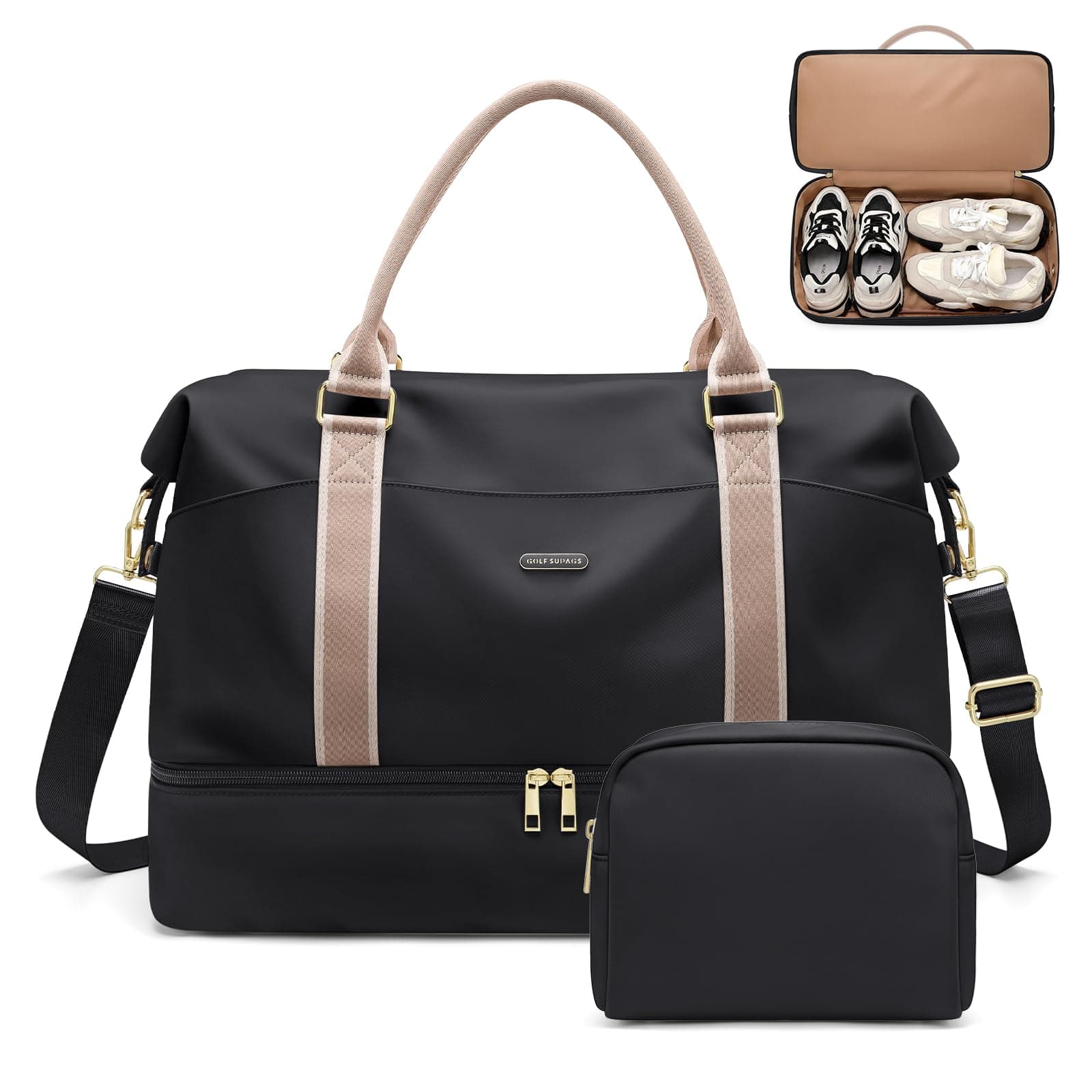 46L Bolsas de Fin de Semana para Mujer, Bolsa de Viaje con Neceser, Zapato y Compartimento Húmedo, Bolsa Gimnasio Bolso Maternidad Hospital (Negro)