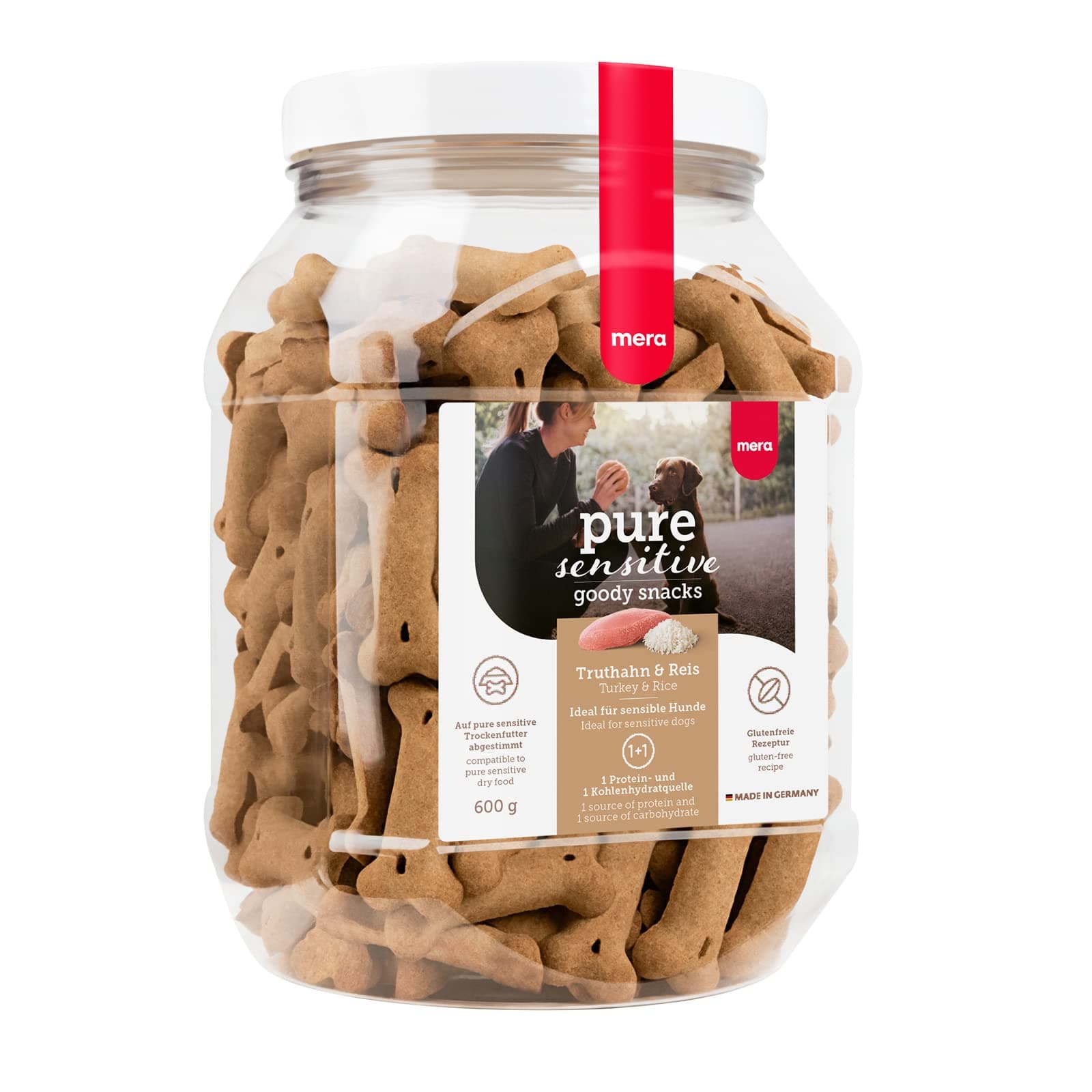 MERA Pure Sensitive Goody Snack, gesunde Leckerlis für Sensible Hunde, Hundeleckerli aus Truthahn und Reis, Hundesnack glutenfrei zum Training (600g)