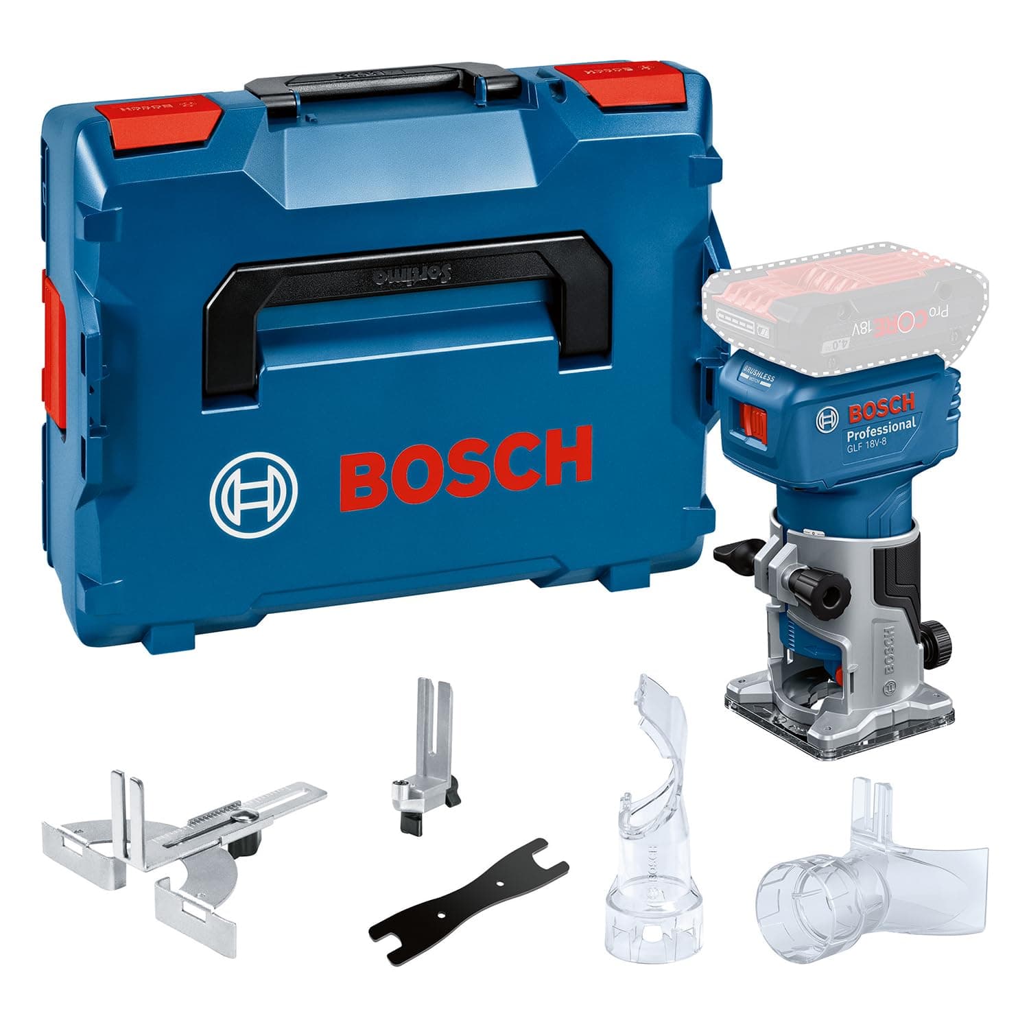 Bosch Professional 18V System Défonceuse portative GLF 18V-8 (butée longitud., adapt.aspiration surfaçage, adapt. aspiration fraisage, galet de guidage, pince 8 mm, clé, L-BOXX,sans batterie/chargeur)