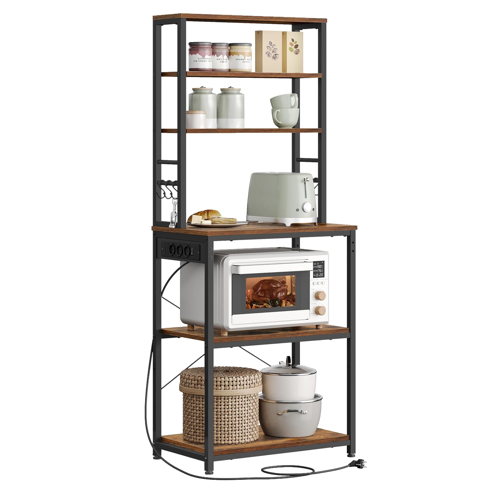 VASAGLE Estantería de Cocina con Enchufes, Estantería de Pie para Cocina, Estantería para Microondas, 6 Estantes y 6 Ganchos, Marco de Acero, 40 x 60 x 167 cm, Marrón Rústico y Negro Tinta KKS124K01