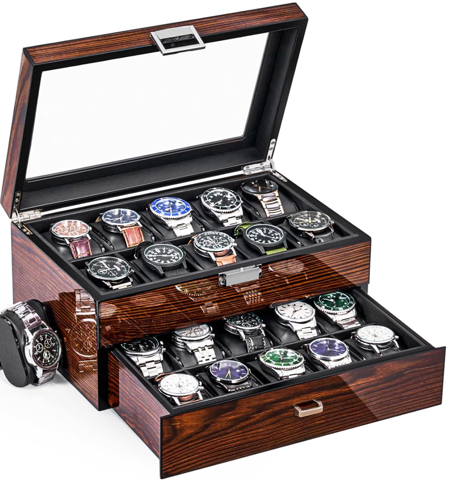 BEWISHOME Boîte à Montres, Boite a Montre Homme avec 20 Emplacements, Coffret à Montres de Luxe avec Couvercle en Verre, Intérieur en Faux Cuir Doux, Serrure en Métal, Boite Montre Marron ESSH04Y