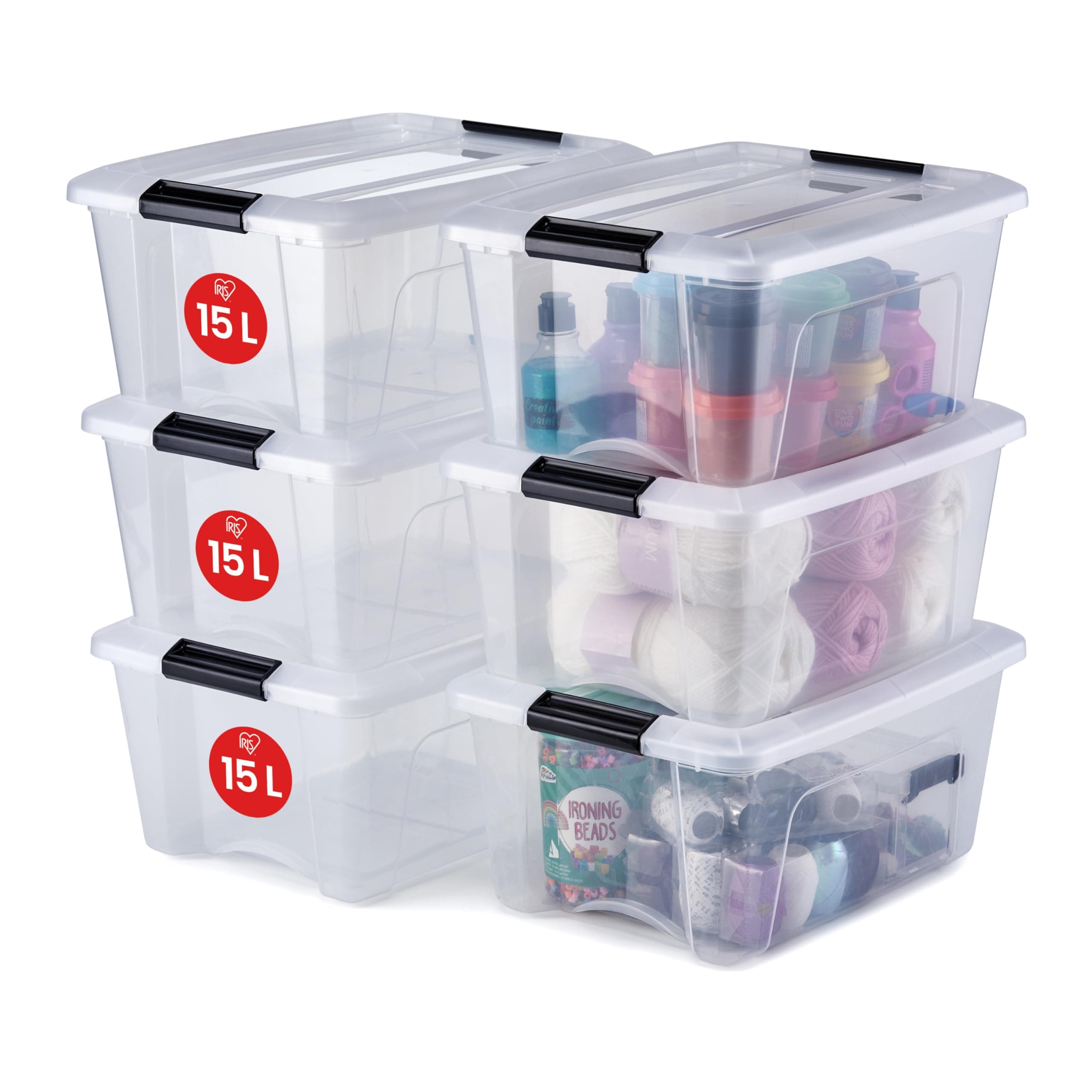 Iris Ohyama Aufbewahrungsboxen mit Deckel, 15L, 6er-Set, Transparent, Sicherer Verschluss, Stapelbar, Griffe, Schlafzimmer, Schrank, Büro, Organisation, BPA-freies Plastik, Ordnungsboxen, NTB-15