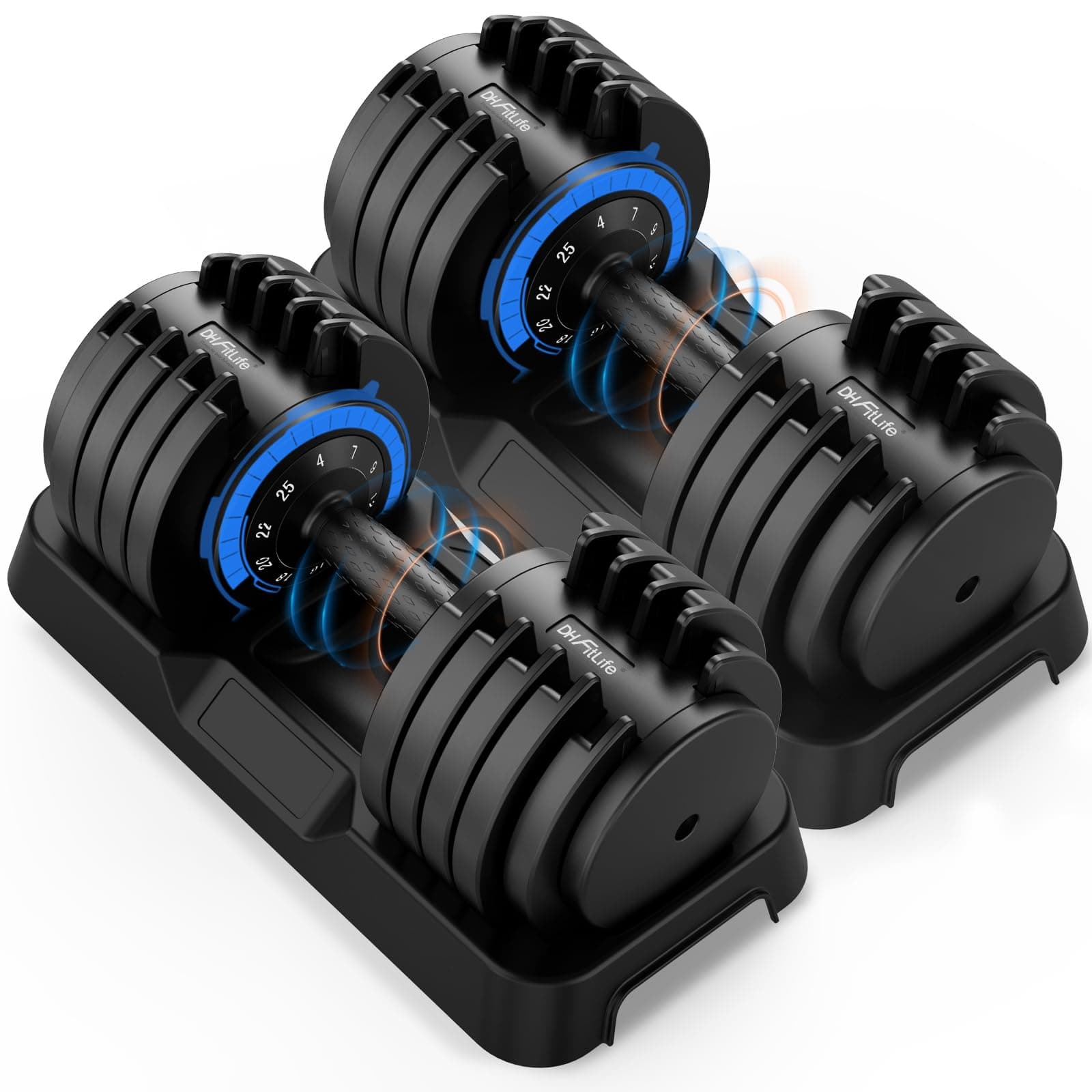 DH FitLife Mancuernas Ajustables 10 en 1, de 4 a 25 kg, Pesas y Mancuernas con Base de Almacenamiento, Ajuste Rápido para Culturismo y Entrenamiento en Casa