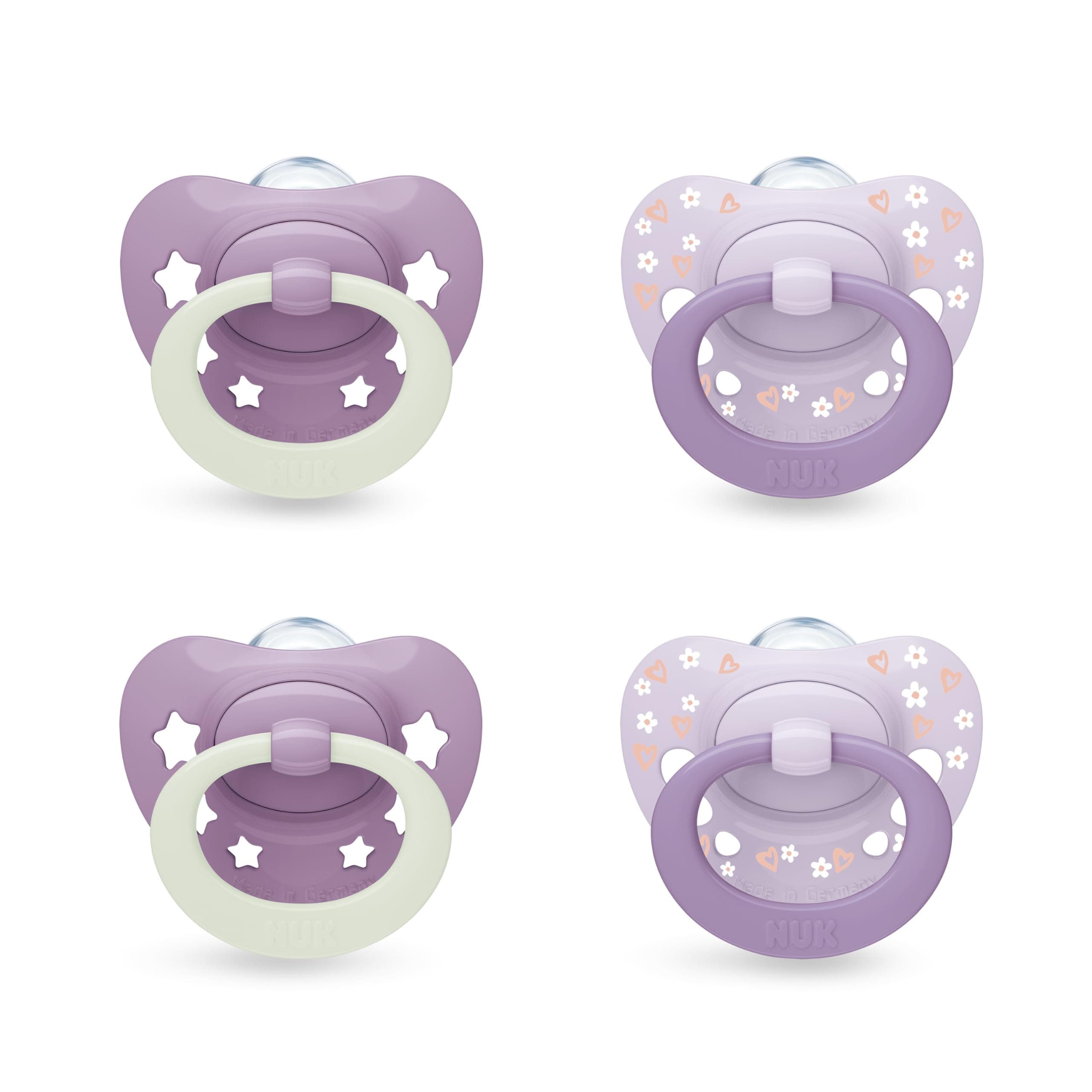 NUK First Choice Classic Day & Night Baby Schnuller | 0-6 Monate | Orthodontische Schnuller, die im Dunkeln leuchten | 95% Akzeptanz bei Babys** | Lila | 4 Stück