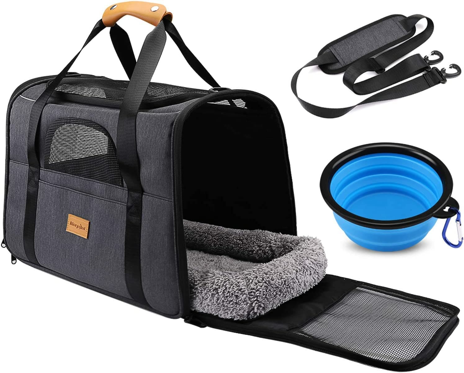 Morpilot Sac Transport Chat Chien, Caisse de Transport Chat Respirant et Pliable Cage Transport Chat avec Matelas en Peluche Amovible + Bol (Accepté au Maximum 15lbs/7kg，44 * 31 * 34cm)