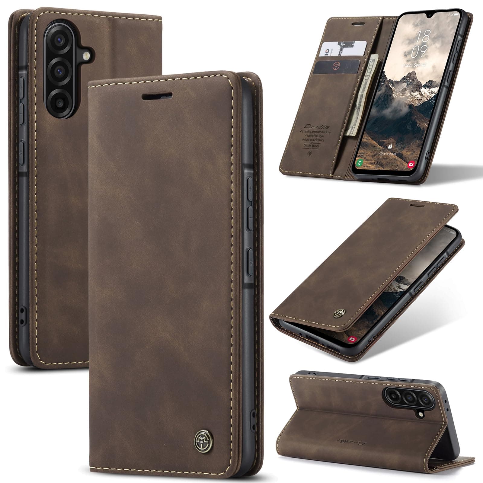 Azororo Coque pour Samsung Galaxy A37 5G Premium Housse Cuir Protection Pochette Rabat Portefeuille Flip Case Porte Magnétique Coque Étui pour Samsung Galaxy A37, Café