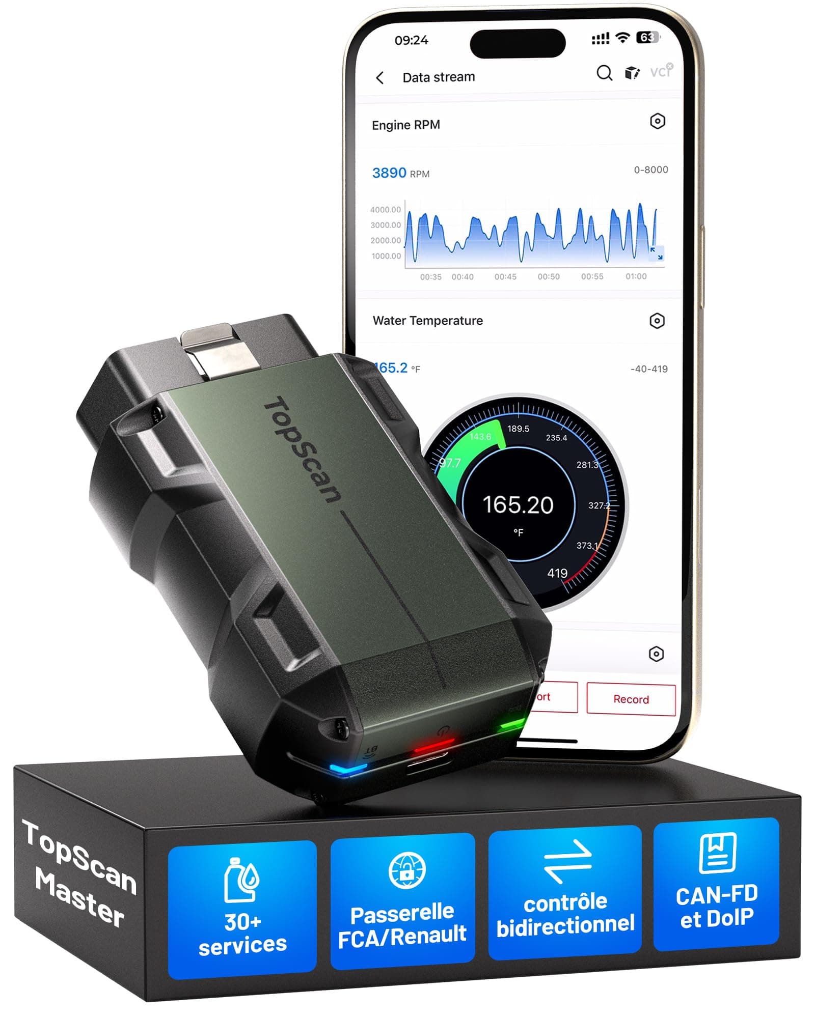 TOPDON TopScan Master Valise Diagnostic Auto Bluetooth, Assistant IA OBD2 Diagnostic Voiture Multimarque Bidirectionnel avec Test Actif, 30+ Services d'entretien, Can-FD&DoIP, FCA Renault SGW