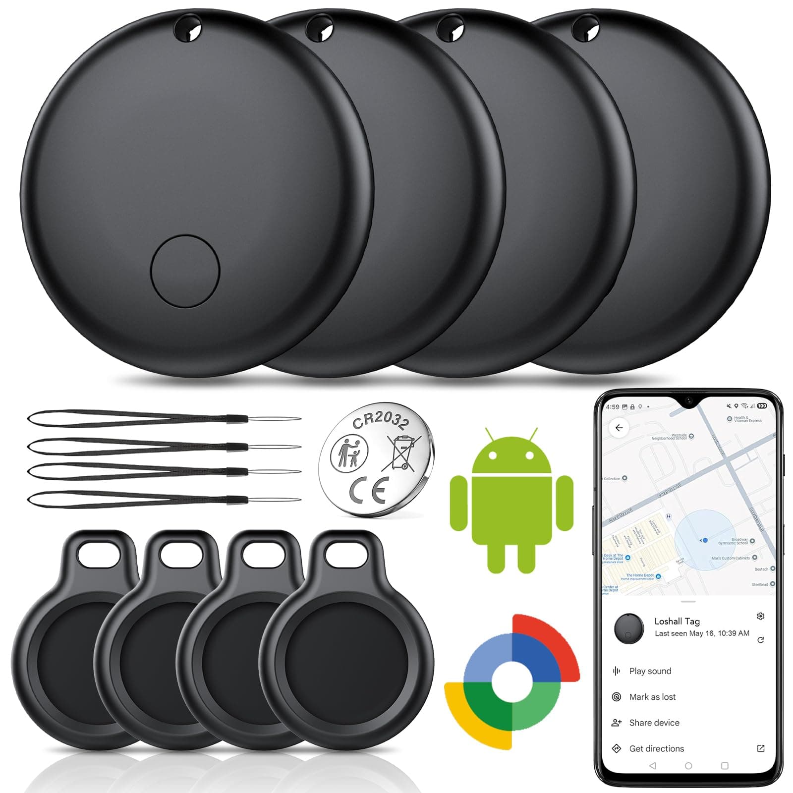 Android Smart Tag, Traceur Lot de 4, Fonctionne avec l’app Google Localiser (Uniquement Android), Équipé d'un Étui de Protection, IP68 Imperméable, pour Les clés/Portefeuilles/Valises, Noir