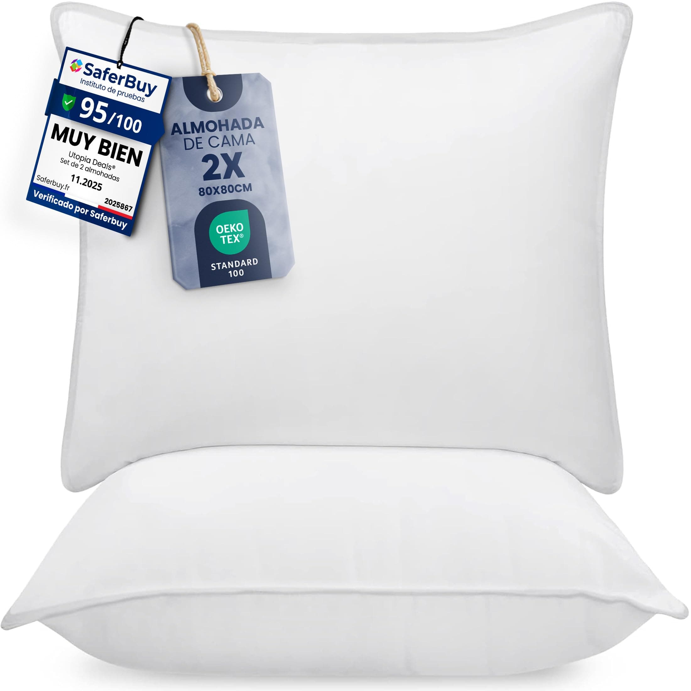Utopia Bedding Almohadas (2 Unidades), 80 x 80 cm Almohadas de Primera, Fibra Hueca Virgen Siliconada, Almohadas Suave de Fácil Cuidado (Blanco)