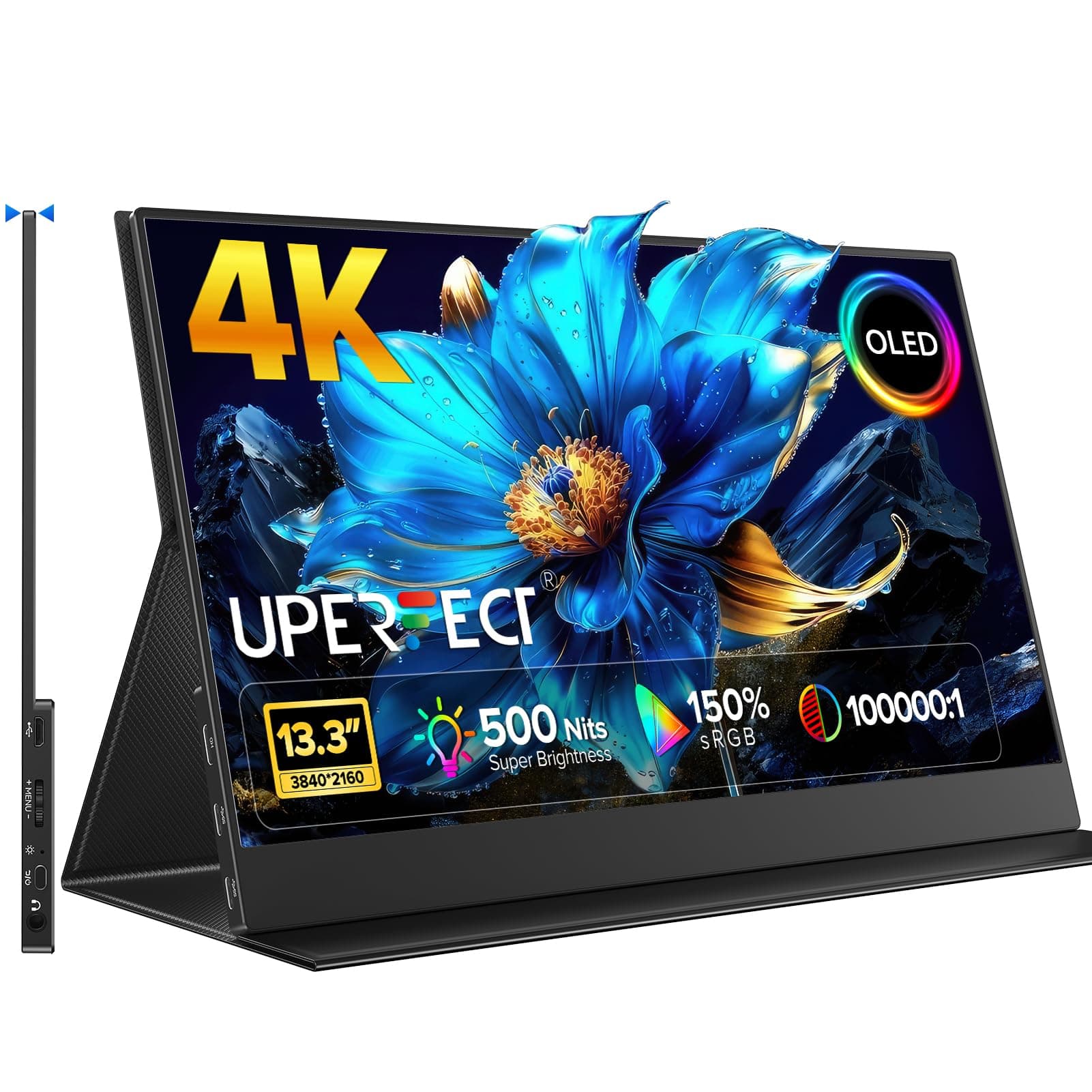 UPERFECT OLED Moniteur Portable 13.3" 4K 3840×2160 UHD | 150% sRGB | 100000:1 | 500Nit | Ultra-Fin à Boîtier Métallique Moniteur de Voyage pour Ordinateur Portable, PC, Smartphone et Console de Jeux
