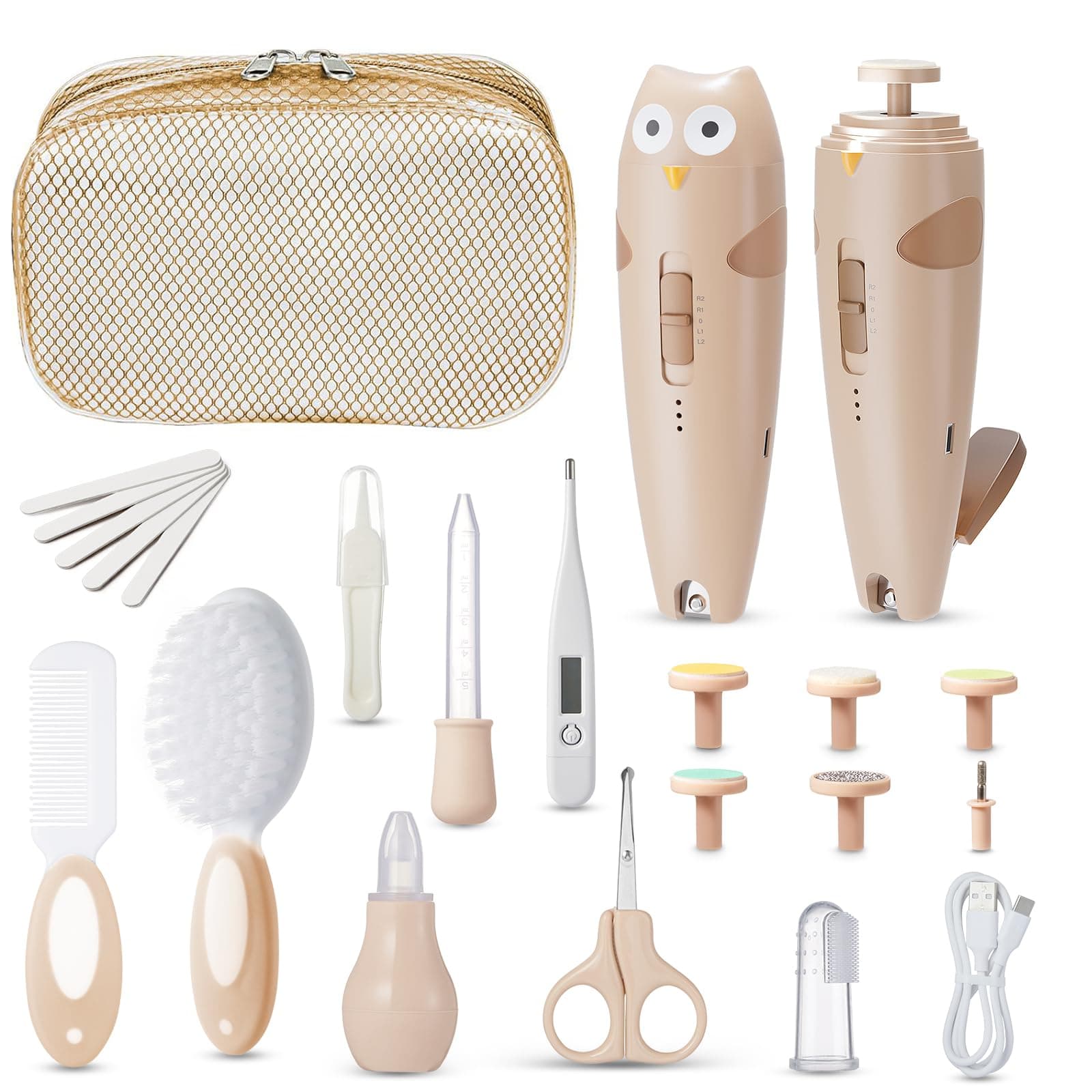 Lictin Set para Cuidado del Bebé-26 en 1 recargable cortaúñas eléctrico para bebé set, Lima de uñas para bebés con iluminación automática, Portátil Kit de Aseo para Bebés, ¡gran idea de regalo(Caqui)