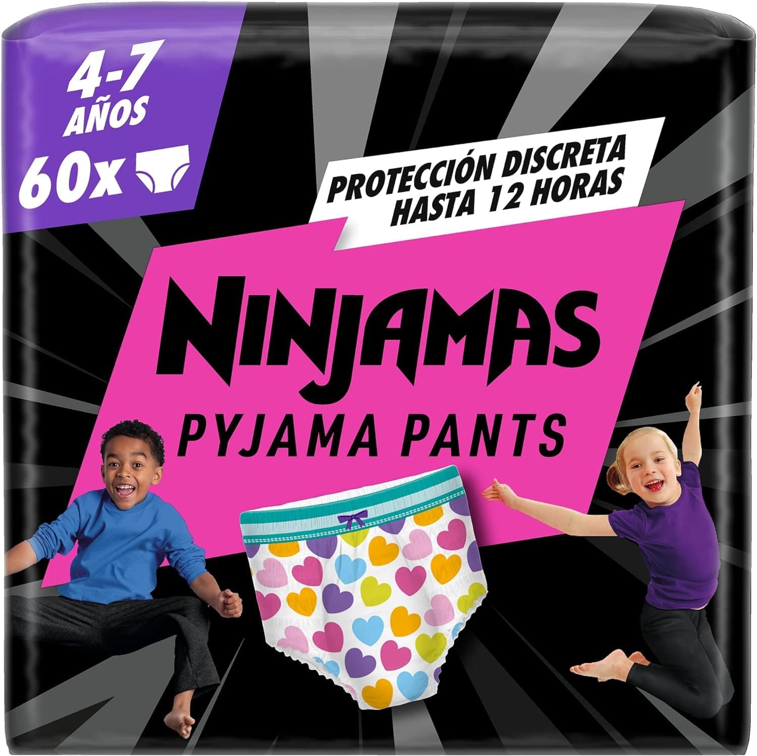 Dodot Pañal-Braguita Ninjamas, Talla 4-7 años (17-30 kg), 60 pañales tipo braguita, pañal noche con Corazones, Protección Contra Fugas Toda La Noche