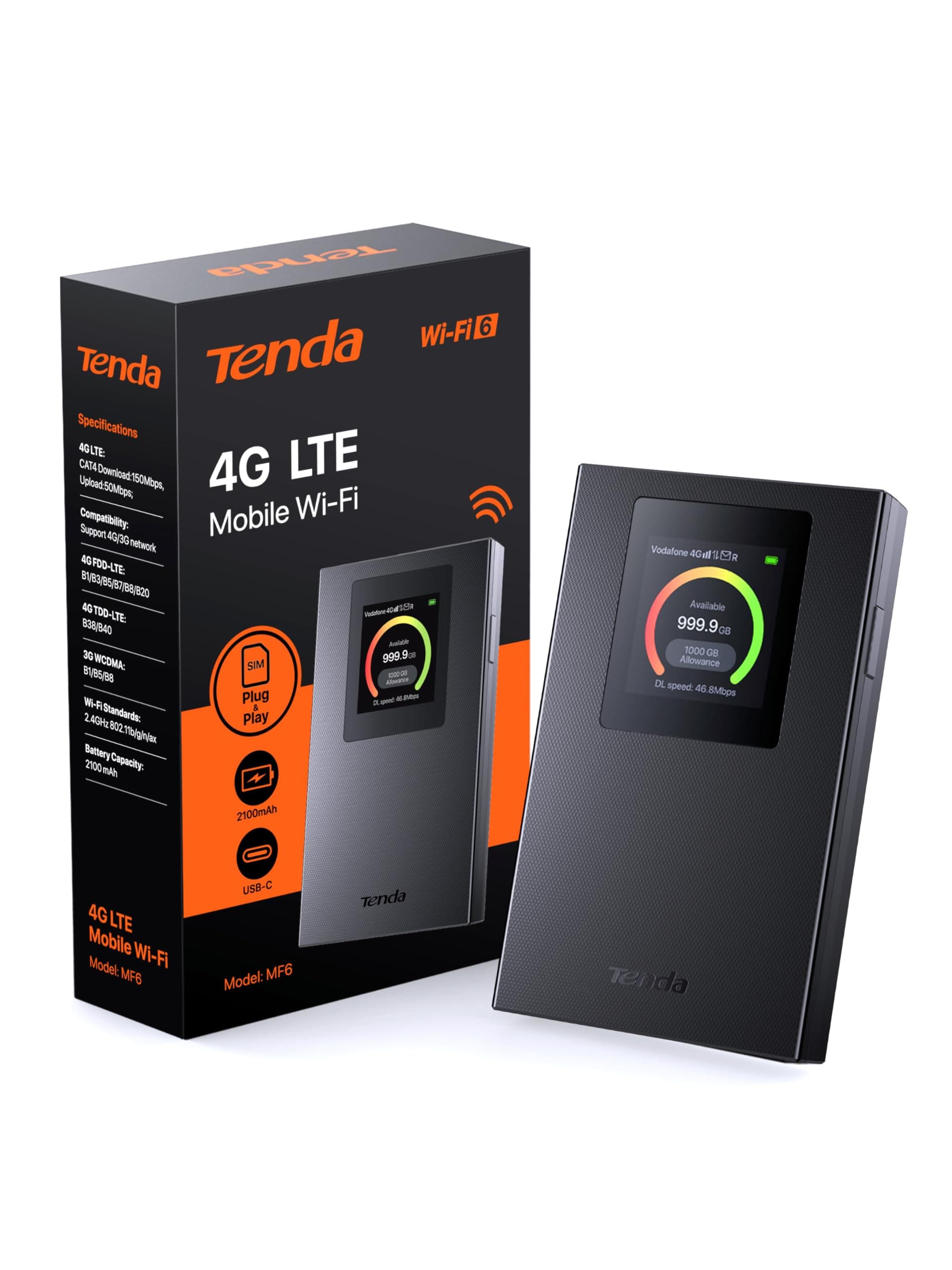 Tenda MF6 – Portable Mobile 4G SIM Router, WiFi Cat4 WiFi 6 AX300, MiFi 4G with 2100mAh Rechargeable Battery, USB-C Port, WPA3, Color Display, Charge with Power Bank, Nano SIM, Plug and Play