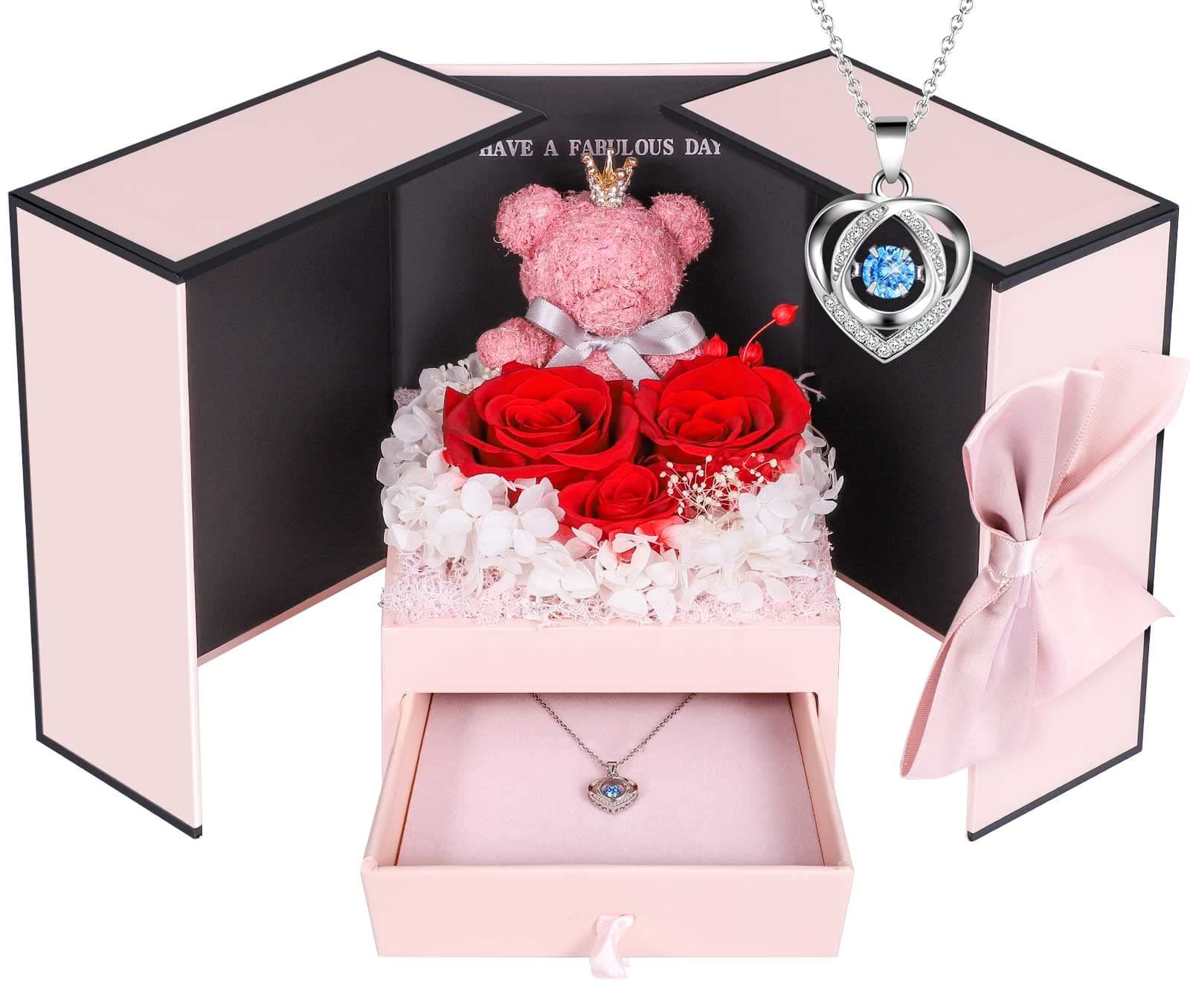 Regalo Festa Della Mamma, Rosa Stabilizzata Regalo Donna Compleanno, Rosa Eterna con Collana e Orsetto di Rose con Rosa e Collana, Idee Regalo Compleanno Festa Della Mamma per Lei, Fidanzata, Moglie