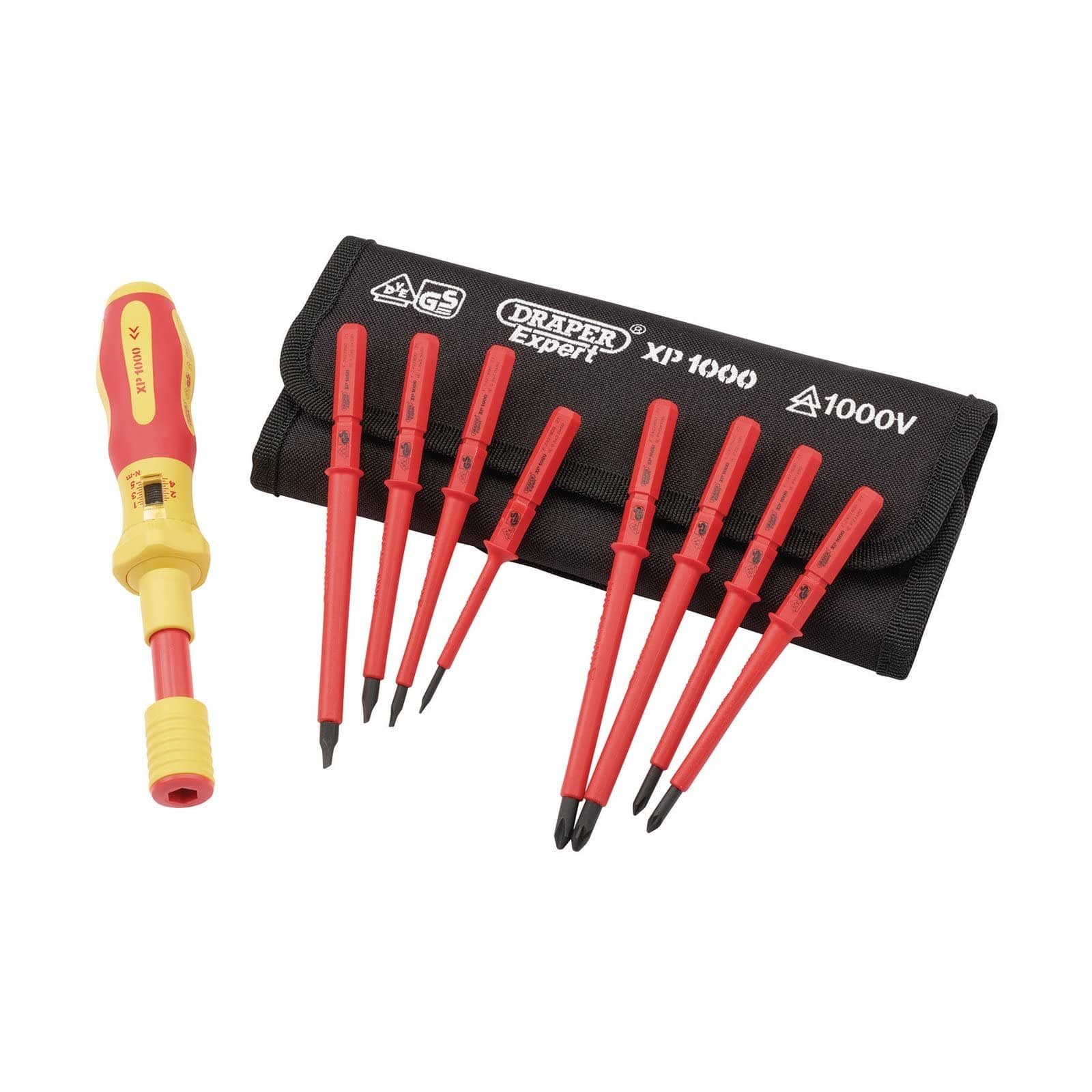 Draper XP1000 - Juego de destornilladores dinamométricos de 9 piezas, hoja intercambiable con doble aislamiento VDE - 65372 - Juego de destornilladores de herramientas eléctricas
