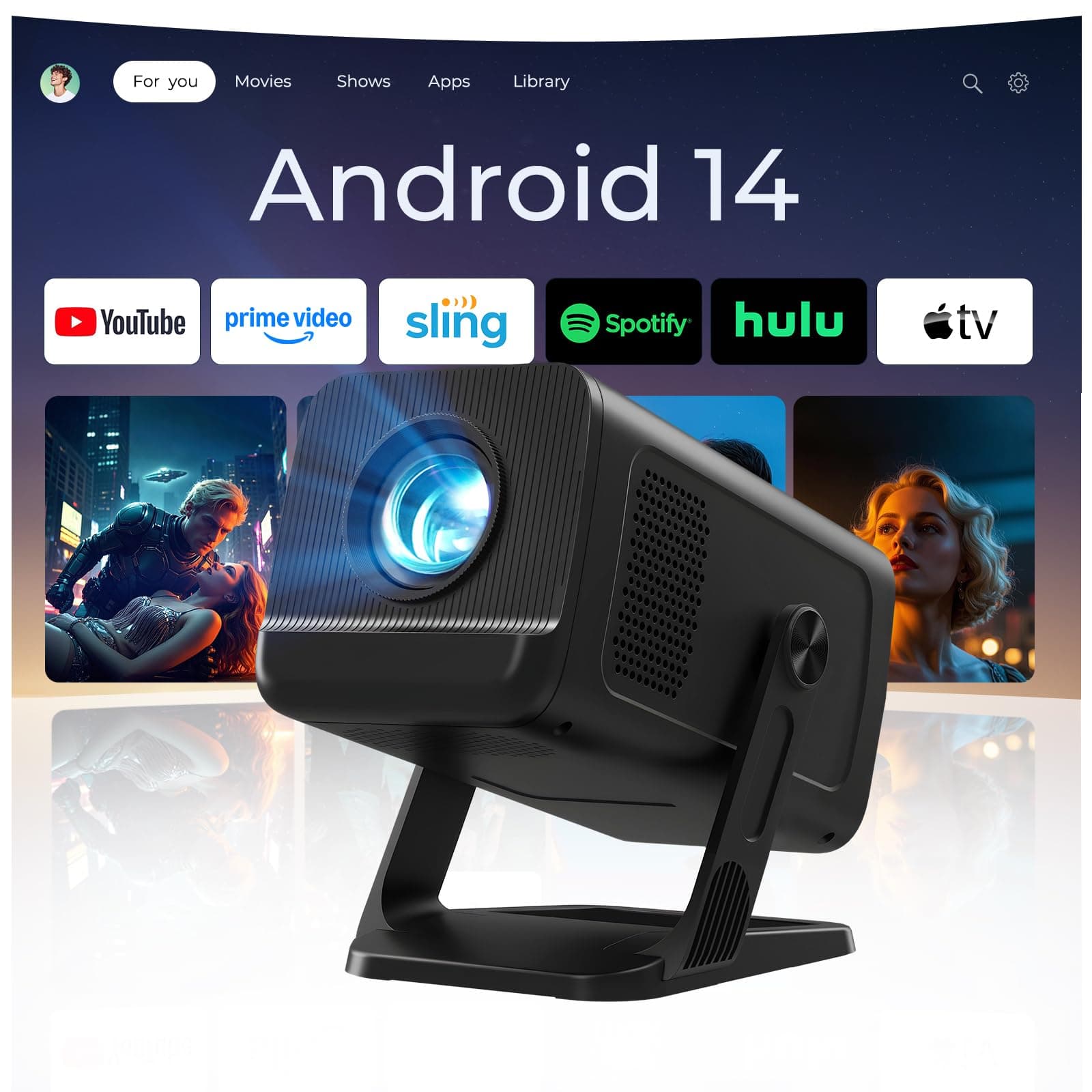[Apps Integradas & Android 14] Mini Proyector con 5G WiFi 6 Bluetooth 5.4, Soporte 4K 1080P, Auto Keystone, 270° Rotable Projector Portátil Compatibile con HDMI/TV Stick/Laptop/USB/iOS, LYNCAST, Negro