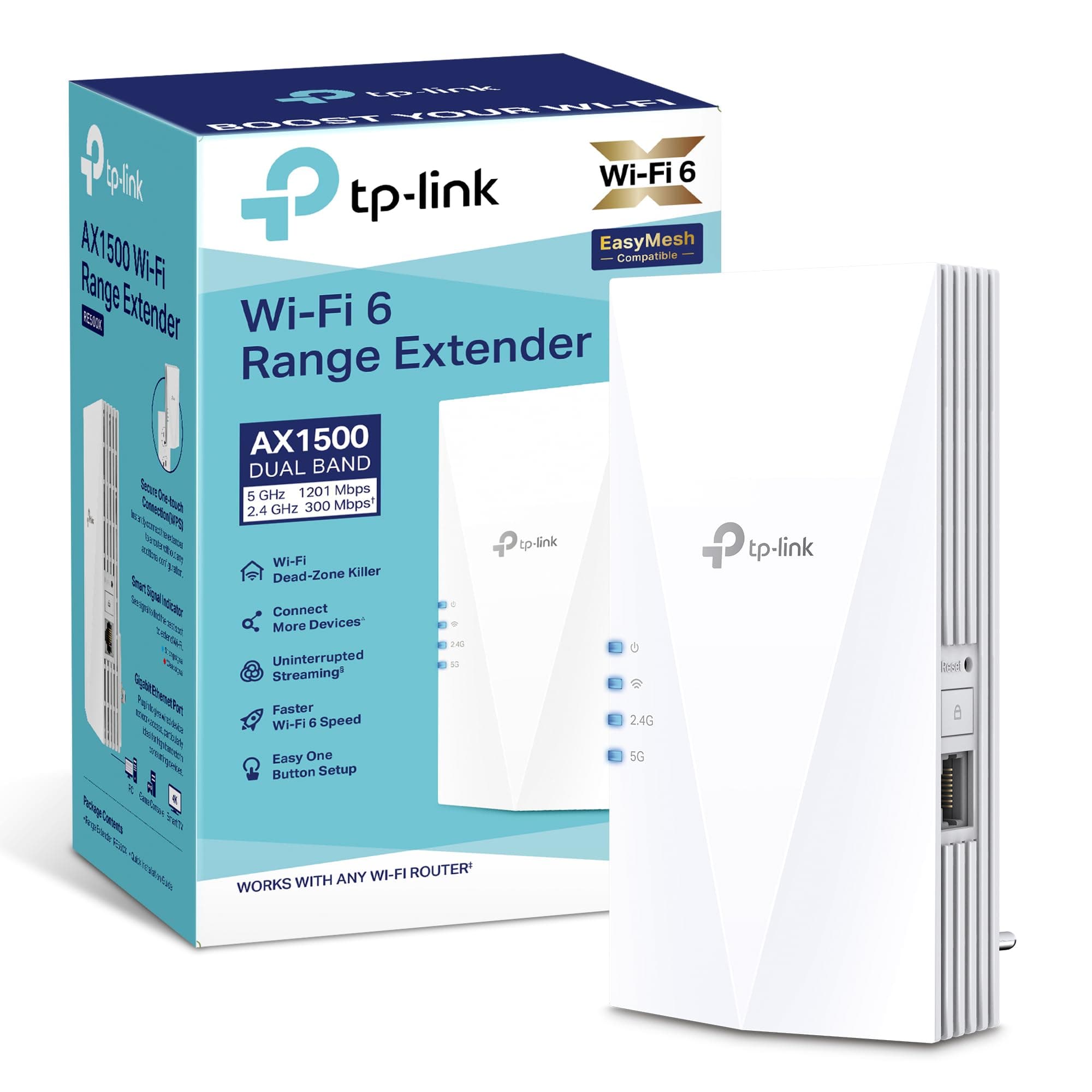 TP-Link RE500X - WiFi 6 Repetidor, AX1500 WiFi, Puerto Ethernet Gigabit 10/100/1000 Mbos, Compatible con Todos los Routers, Negro, AX1500