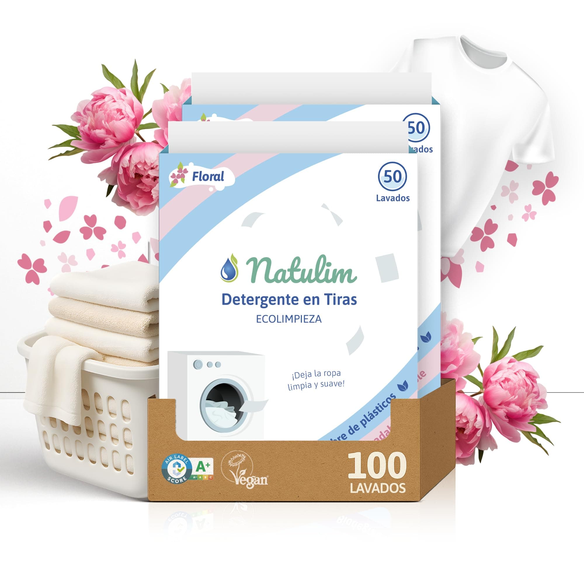 Natulim - Detergente en Tiras para Lavadora (100 Lavados) - Incluye efecto Suavizante, Ecológico, Hipoalergénico, Made in Spain - Ropa limpia y suave sin ensuciar el Planeta (Floral) - 2 Pack