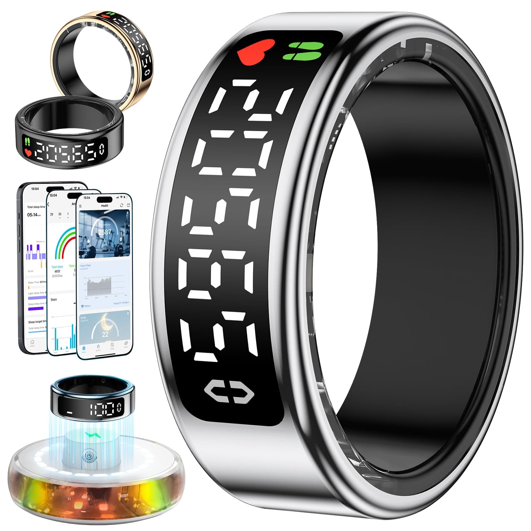 2026 Anillo Inteligente Hombre Mujer, Smart Ring con Pantalla LED, Health Fitness Ring Tracker IP68, Smartring con iOS y Android para Monitorear el Sueño/Pulsometro/SpO2/Estrés/HRV (Plateado, 12)