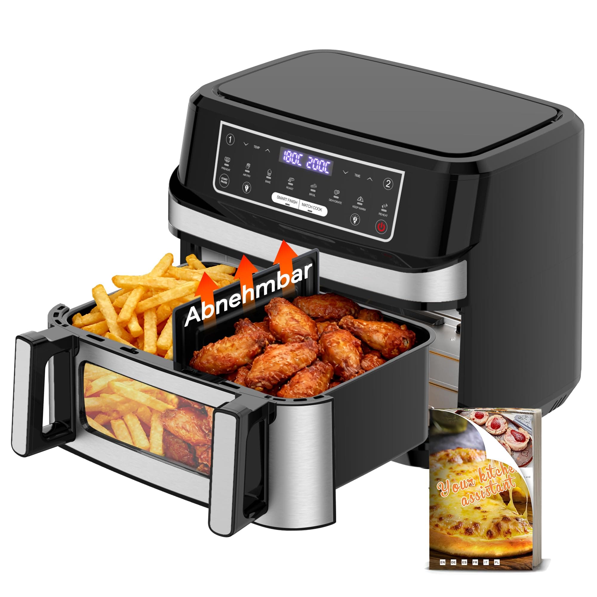 Friggitrice ad Aria 12L XXL con Tecnologia Dual Zone 2-in-1, Air Fryer 2600W con Finestra Visiva & Luce Interna, Smart Finish & Match Cook, 8 Programmi, Divisore & Ricettario Inclusi, Argento