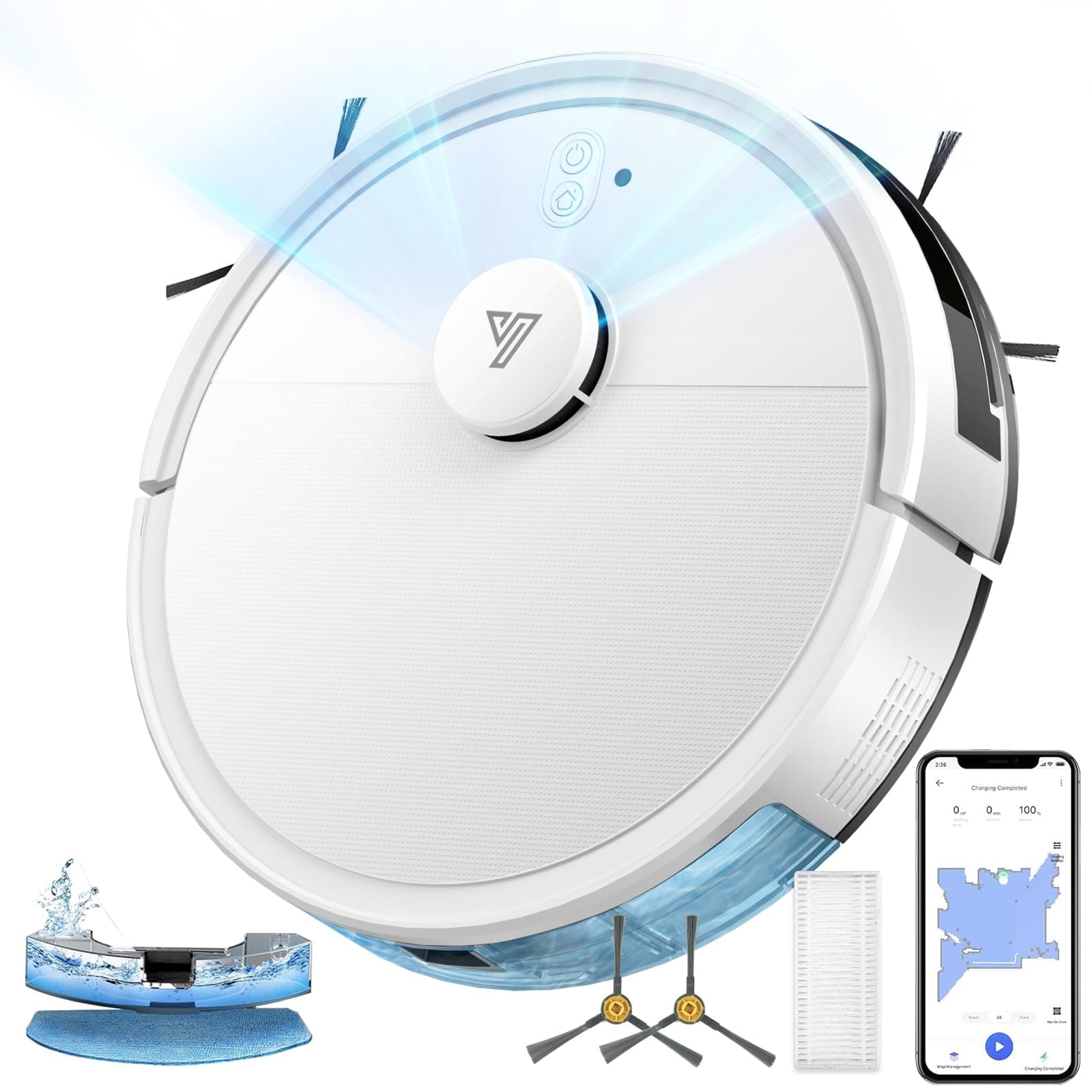 2026 Robot Aspirapolvere Lavapavimenti con Mappatura, Navigazione Laser Aspirapolvere Fino a 4000Pa, Automatico 120 Mins, Pulizia Personalizzata,Precisione nell'Evita Ostacoli, WiFi/App/Alexa-Bianco