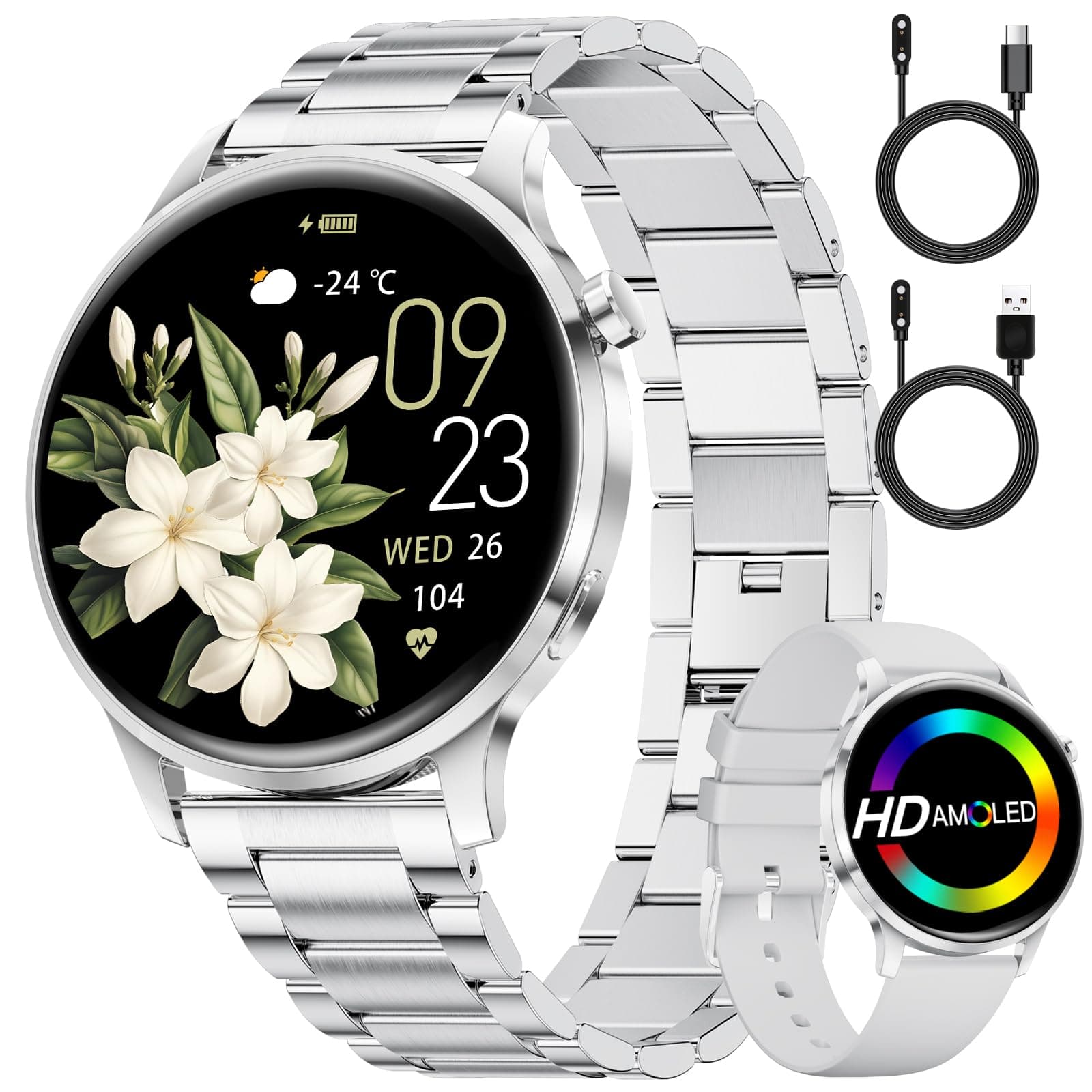 SUNKTA Reloj Inteligente para Mujer 7,9 mm Ultrafino 1,32" AMOLED Llamadas Bluetooth Elegante Smartwatch para Android iOS,Frecuencia cardíaca,Monitor de sueño,Podómetro,Calorías,Plata