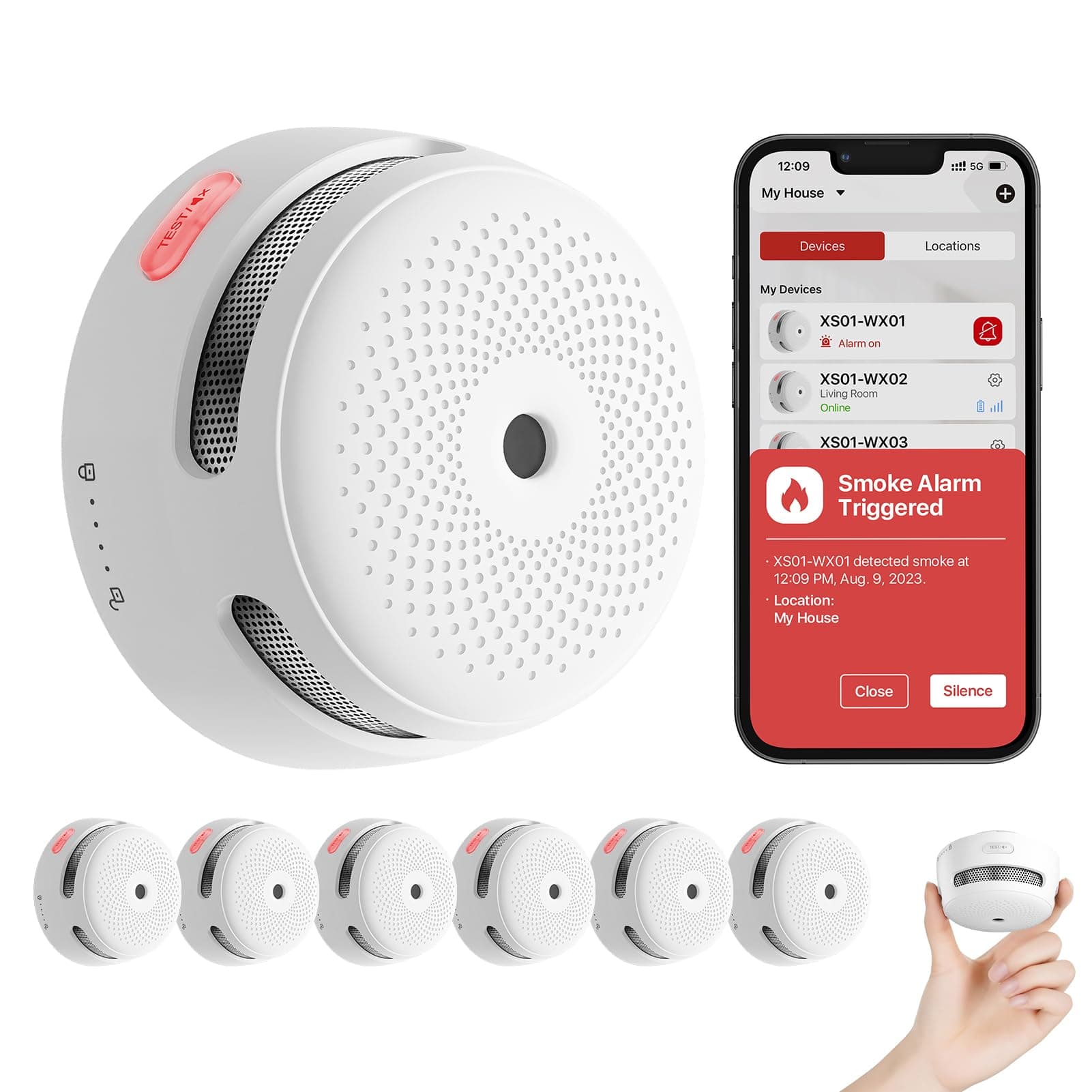 X-Sense Rilevatore di fumo collegato con batteria sostituibile, rilevatore di fumo Wi-FI conforme alla norma EN14604, notifiche tramite l'applicazione, XS01-WX, confezione da 6