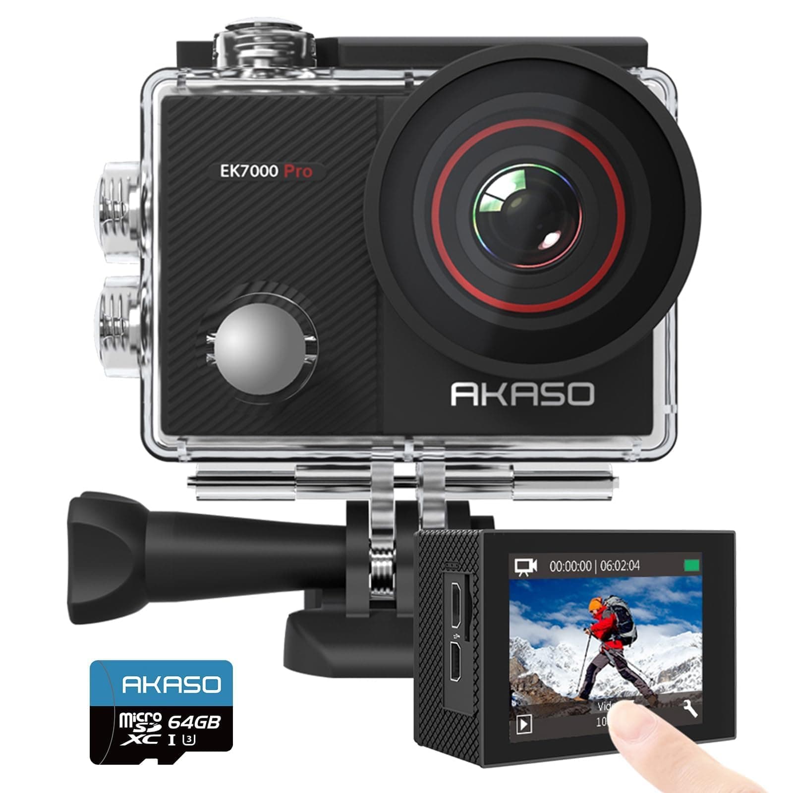 AKASO EK7000 Pro Cámara Deportiva 4K con Tarjeta de Memoria microSDXC de 64 GB Cámara de Acción 20MP WiFi Cámara Sumergible Acuática 40M con EIS Control Remoto Multi Accesorios