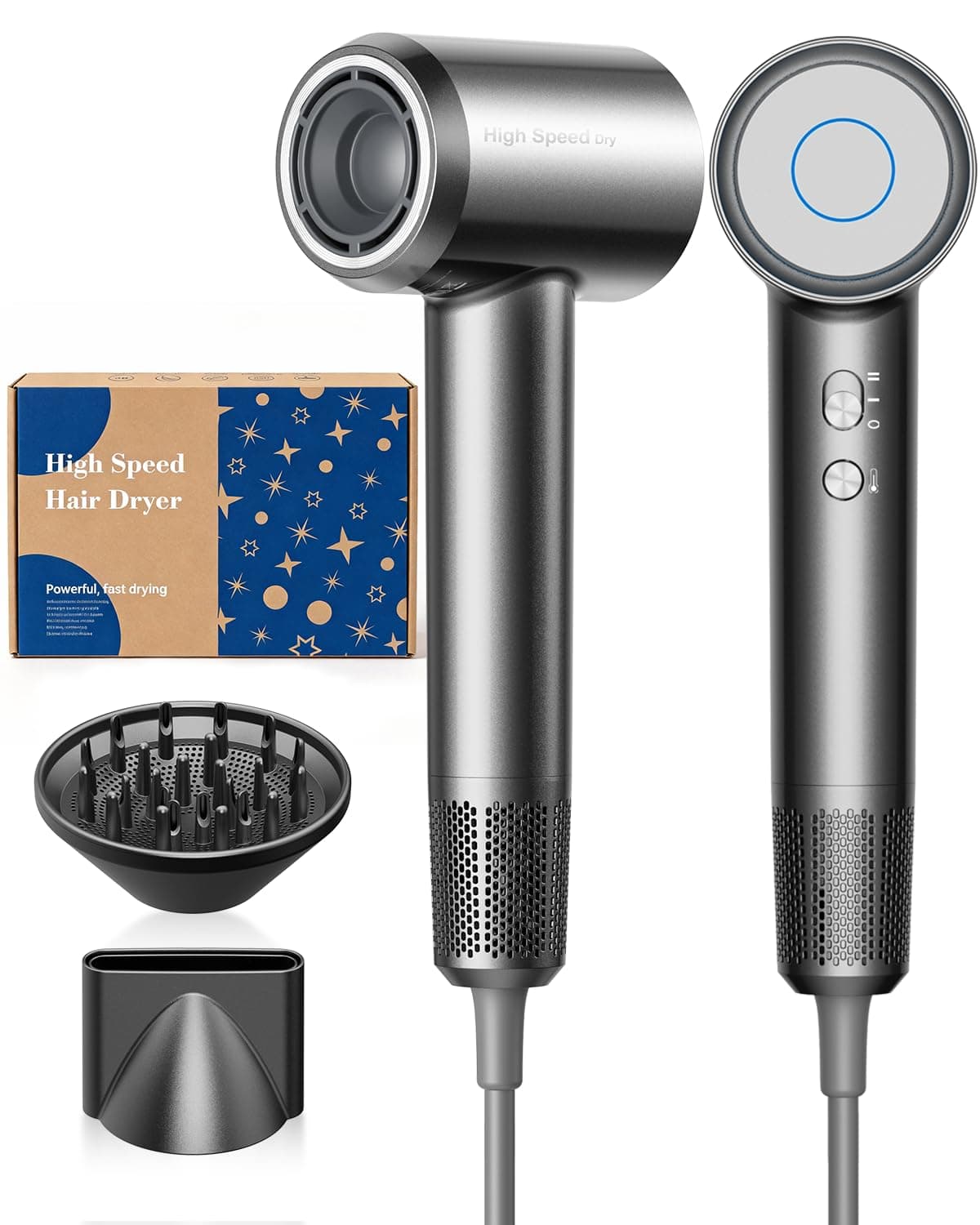 Bannilu Phon Capelli Professionale, Asciugacapelli Ionico 160.000 RPM, Ultraleggero 370g e Silenzioso, Asciugatura Rapida Anticrespo, con Diffusore, Mini Phon da Viaggio e Idea Regalo Grigio