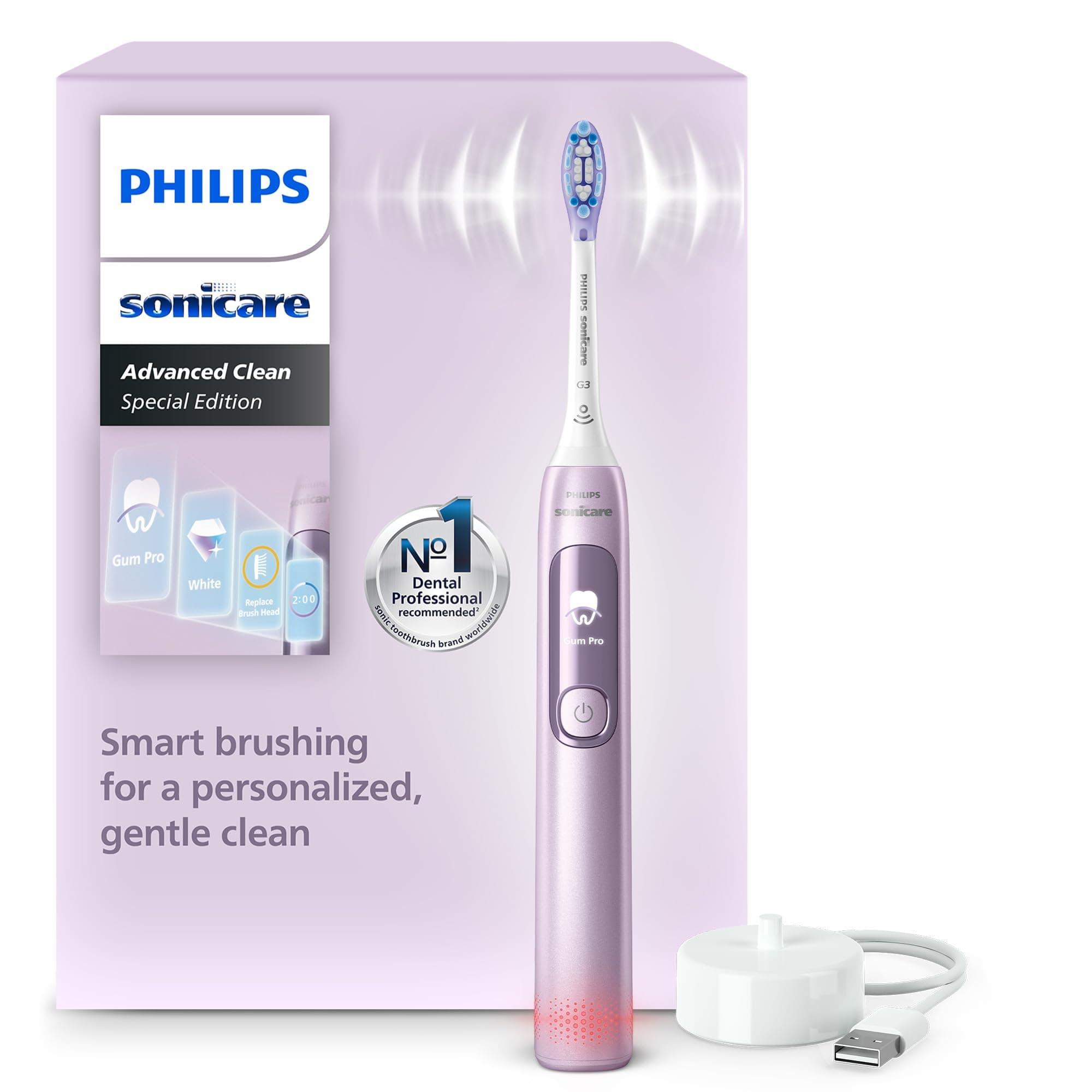 Philips Sonicare AdvancedClean Limited Edition, Spazzolino elettrico - schermo smart, sensore di pressione, promemoria sostituzione testina, 5 modalità di spazzolamento e SmarTimer, rosa, HX3792/12