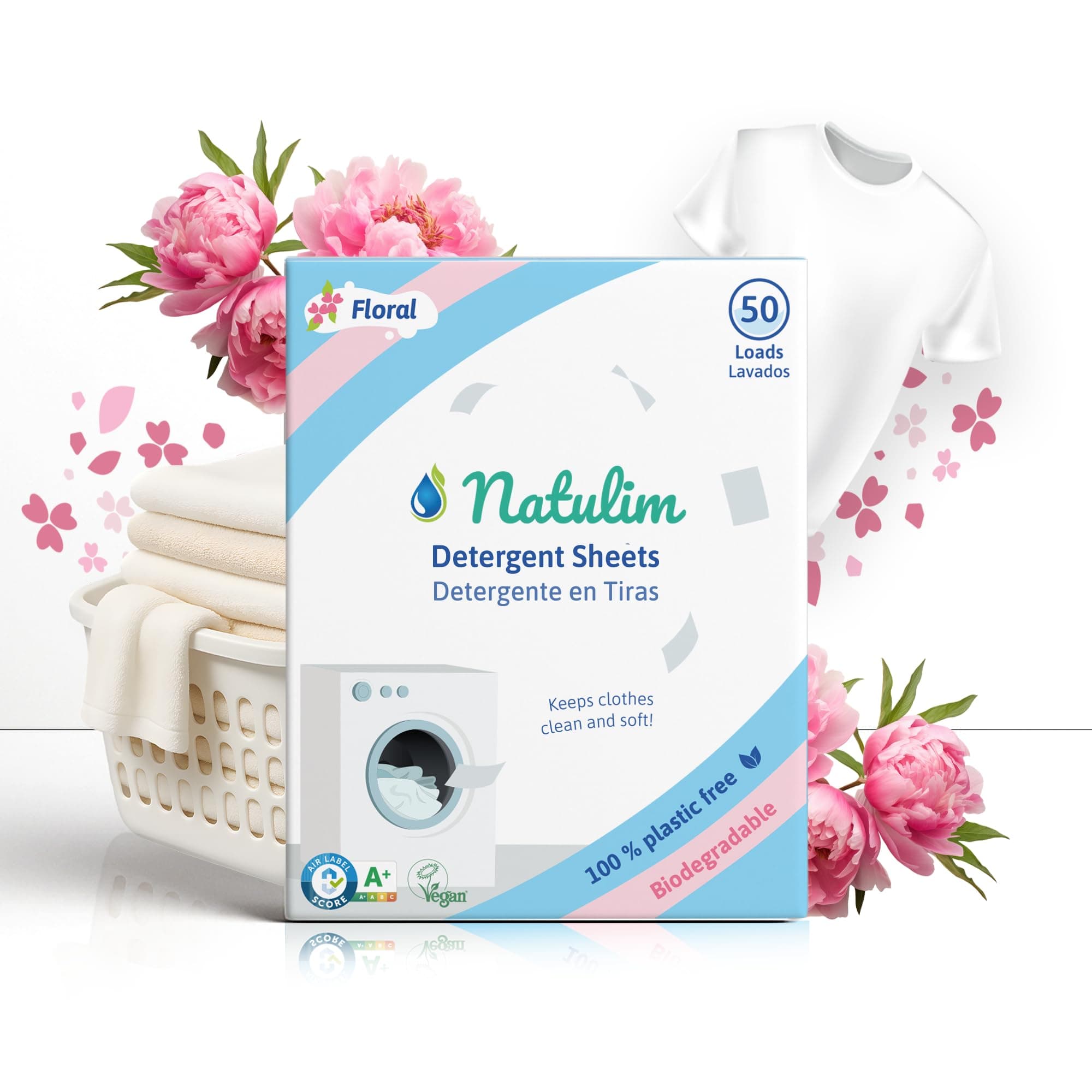 NATULIM - Detersivo in Fogli per Lavatrice - Detersivo Lavatrice Ecologico e Ipoallergenico - 50 Lavaggi - Fragranza Floreale