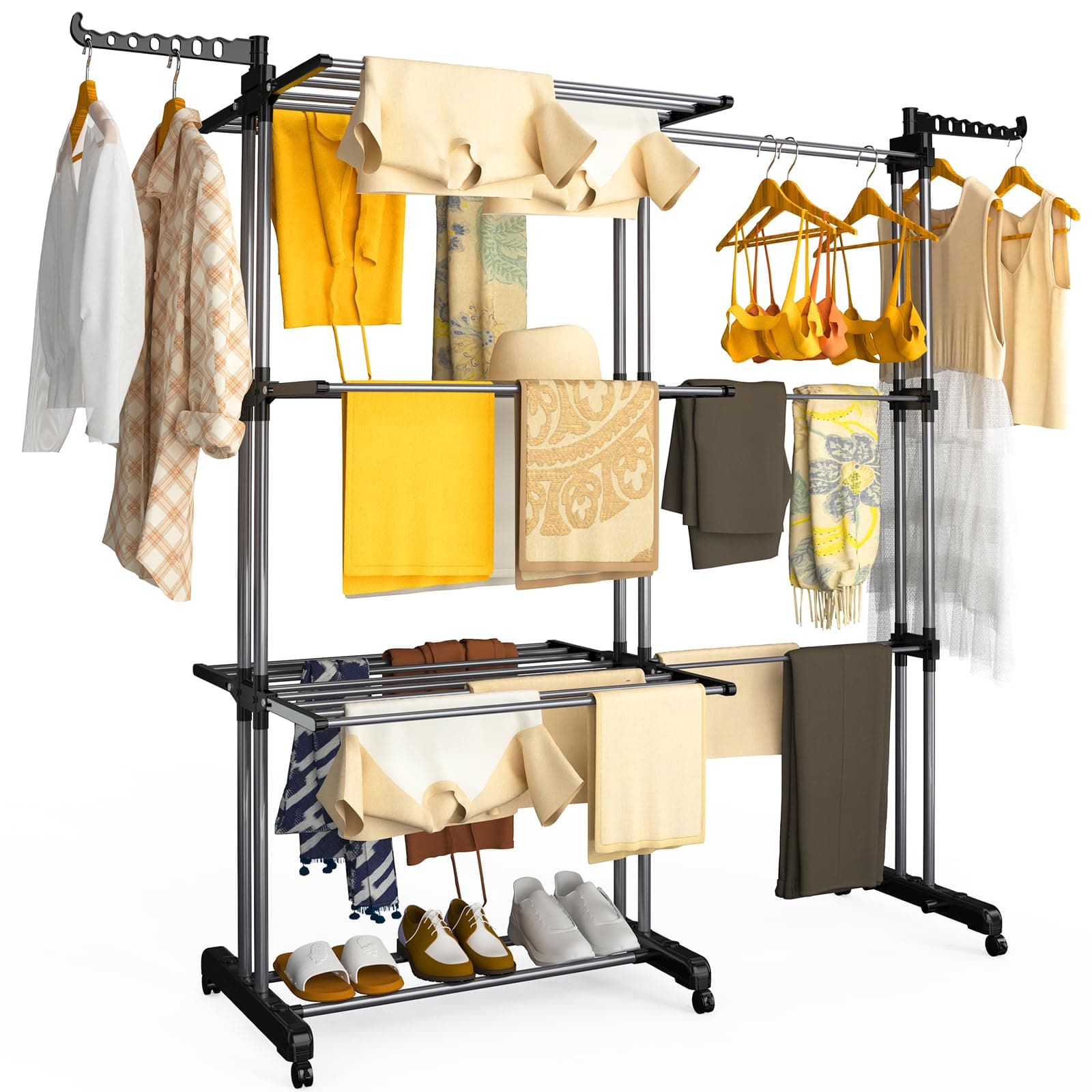 vounot® Étendoir à Linge Extensible à 4 Niveaux 190x64x170cm Séchoir Vertical Pliable Grande Capacité avec roulettes Ailes latérales Multifonction pour Intérieur et Extérieur Noir Gris