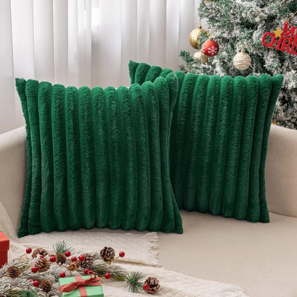 MIULEE Plüsch Kissenbezug 40x40 Weihnachten Deko Flauschige Kissenbezüge Kunstpelz Fell Sofakissen Flauschig Dekokissen Kissenhülle für Wohnzimmer Schlafzimmer Sofa Kuschelkissen Dunkelgrün 2er Set