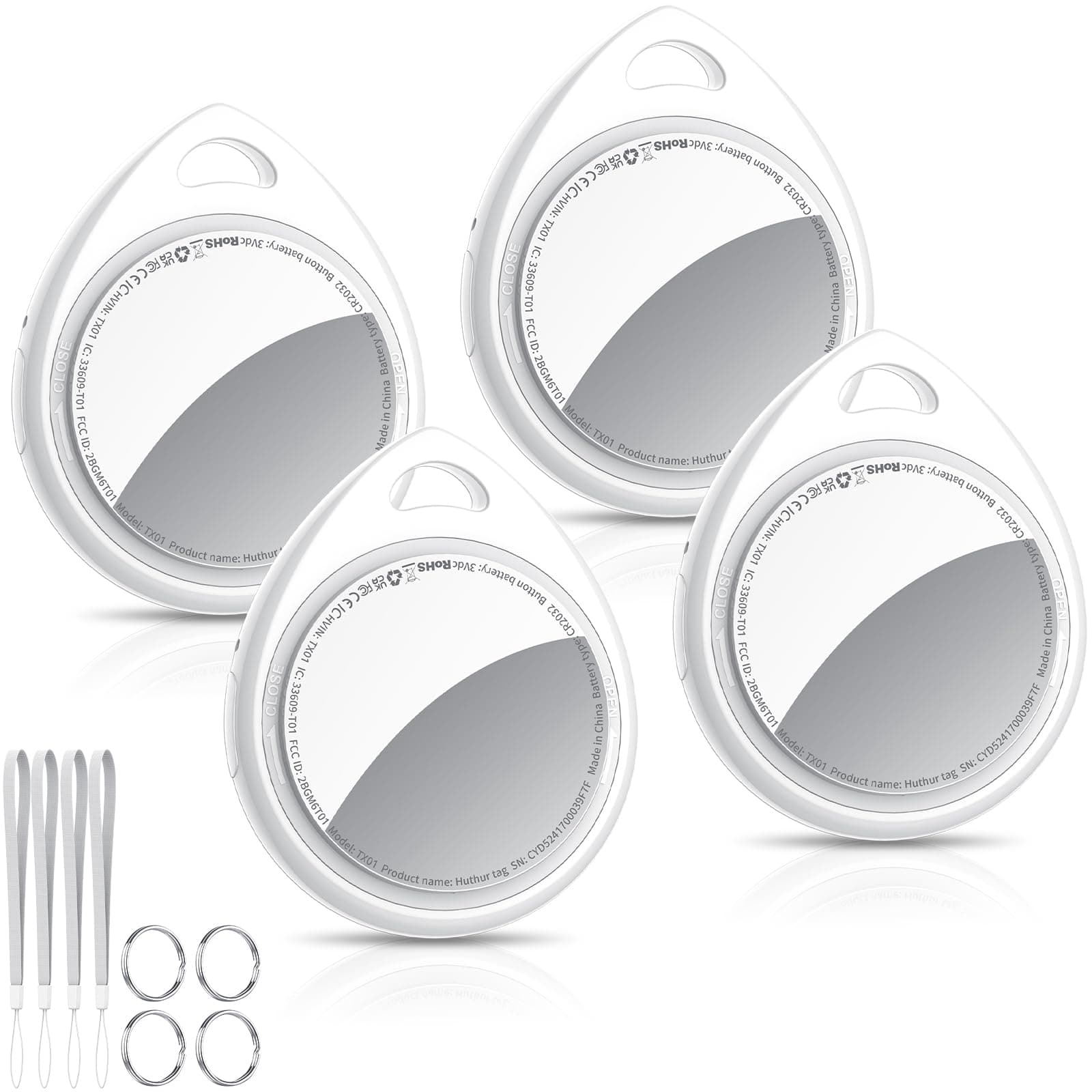 QCOQ® Air Tags 4 Pezzi Locator, Smart Tracker Bluetooth Compatibile con Apple Dov’è App (solo iOS), Localizzatore Chiavi fino a 100dB con Batteria Sostituibile per Chiavi/Bagagli/Valigie/Portafogli