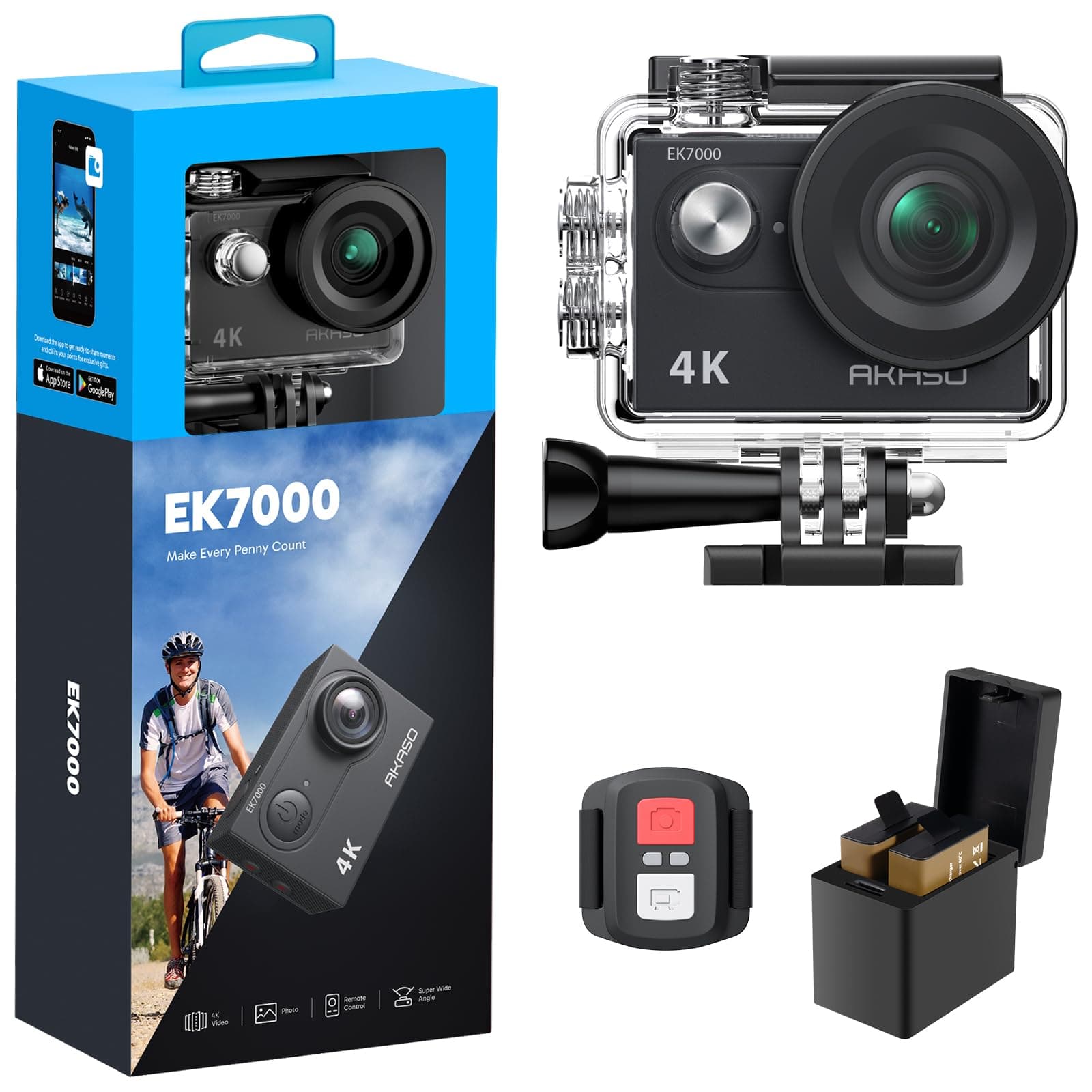AKASO Cámara Deportiva 4K, 30FPS 20MP WiFi Cámara de Acción, Gran Ángulo 170° con Control Remoto 2.4 G, Camara Acuatica Sumergible 30M con 2 Baterías Estabilización EIS (EK7000)