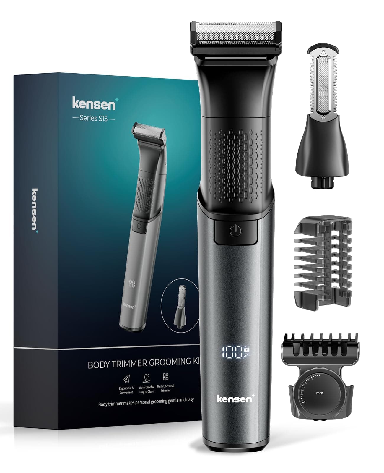 Afeitadora Corporal Masculina, kensen Impermeable Depiladora Corporal Hombre en Seco y Húmedo para Barba, Axilas, Pecho, Piernas y Genitales, Pantalla LED, Peine Límite Ajustable (1-10 mm)