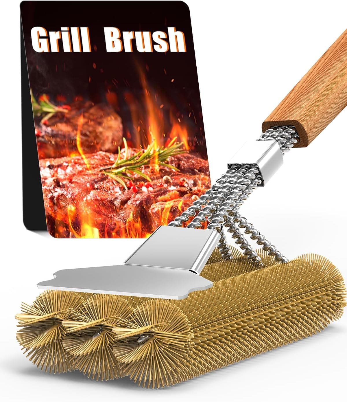 Grillbürste Messing, Grill Reinigungsbürste Edelstahl Schaber, dichte Edelstahlborsten, 39cm Extra Langer Holzgriff, für Gasgrill, Holzkohlegrill, Kugelgrill, Elektrogril und Grillrost