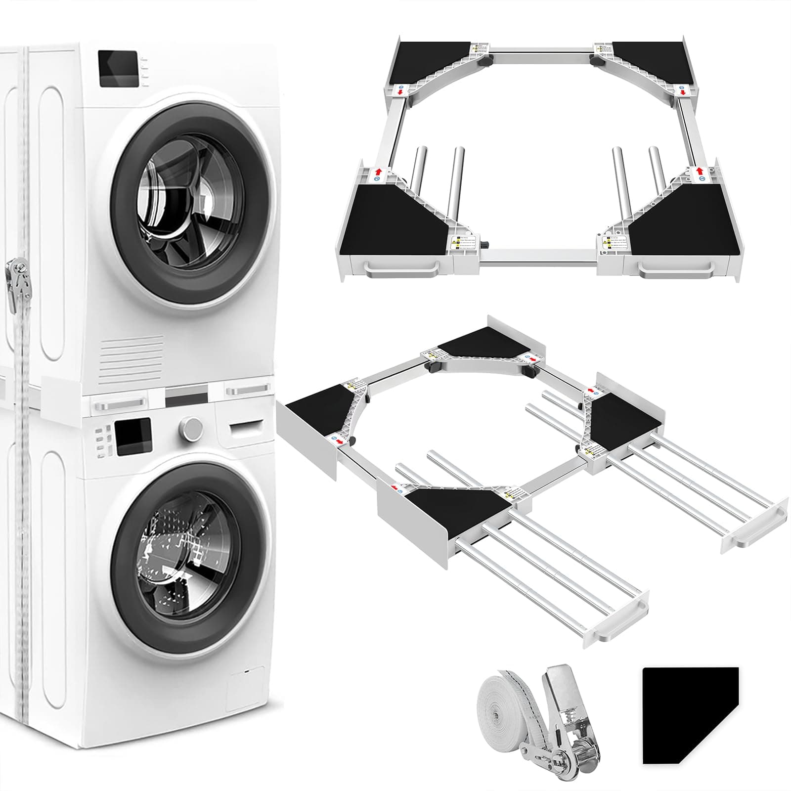 NIUXX Kit apilar lavadora y secadora, con 6 tubos extensibles, Kit Apilado Universal, Marco Intermedio Universal para Lavadora y Secadora, con Cuerda de Trinquete, tamaño ajustable (anchura：56-69 cm)