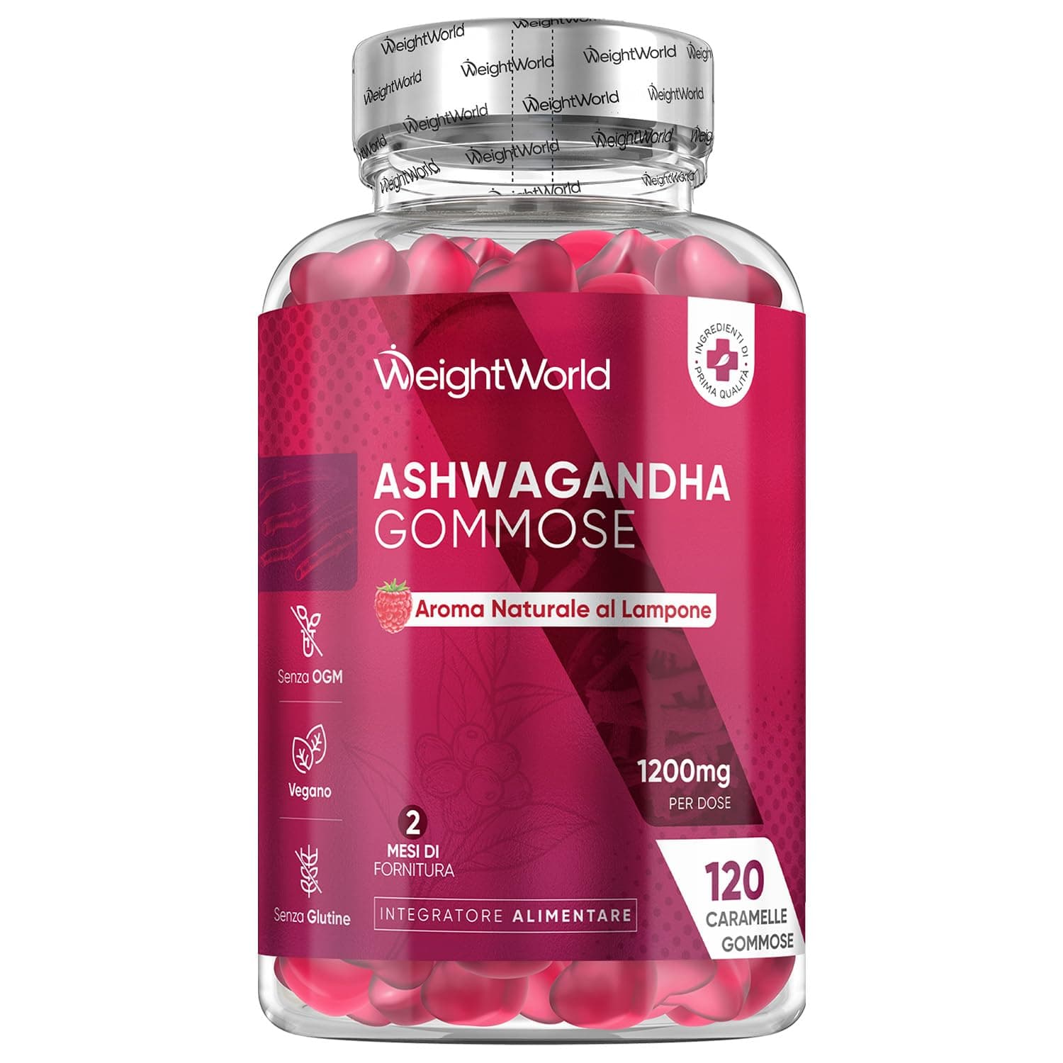 Ashwagandha Gommose 1200mg, 120 Caramelle Vegane, (2 Mesi di Fornitura), al Gusto Lampone, Gommose con Ashwagandha Polvere, Estratto 30:1 di Radice Withania Somnifera (Ginseng Indiano), Senza Glutine