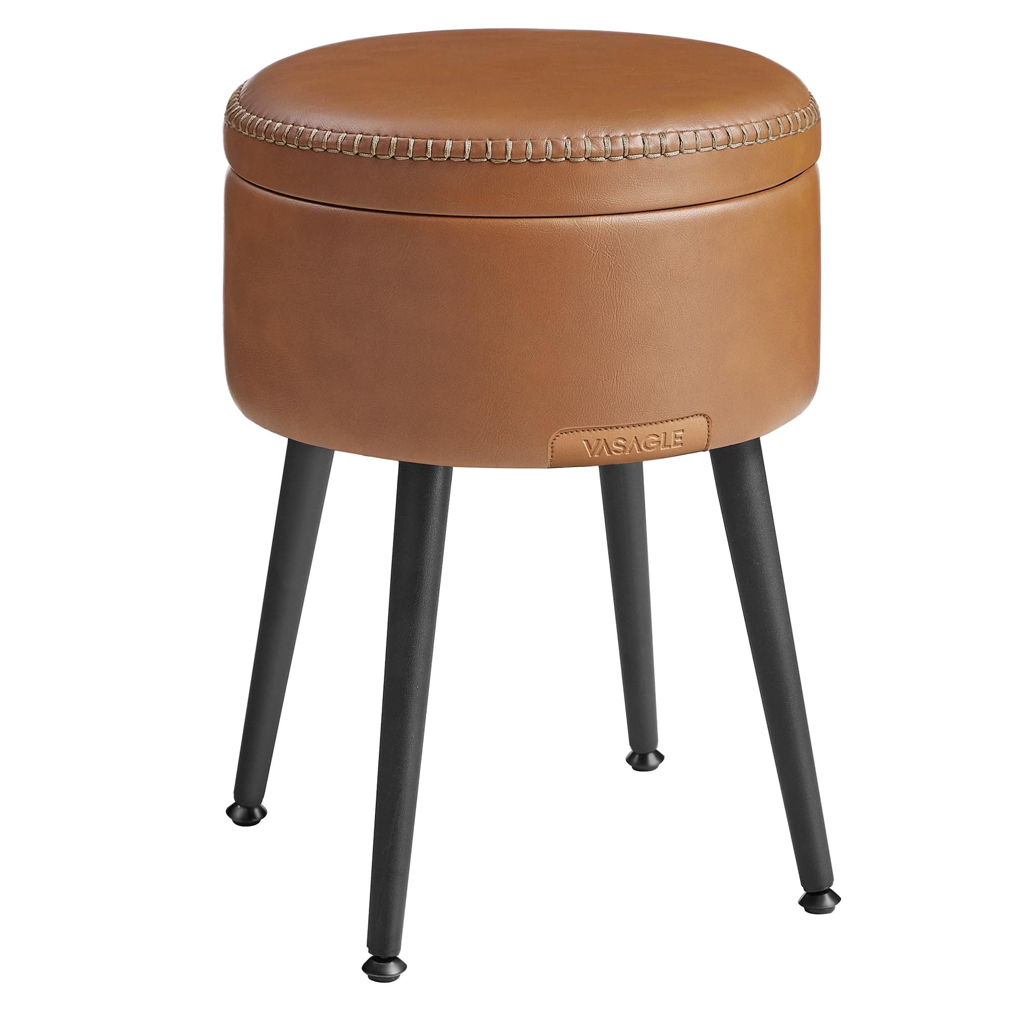 VASAGLE EKHO Kollektion - Sitzhocker, Sitzbank mit Stauraum, Sitztruhe, Kunstleder, Nähte, Mid-Century-Modern-Stil, modern, rund, Stahlbeine, bis 150 kg belastbar, karamellbraun LOM005K01