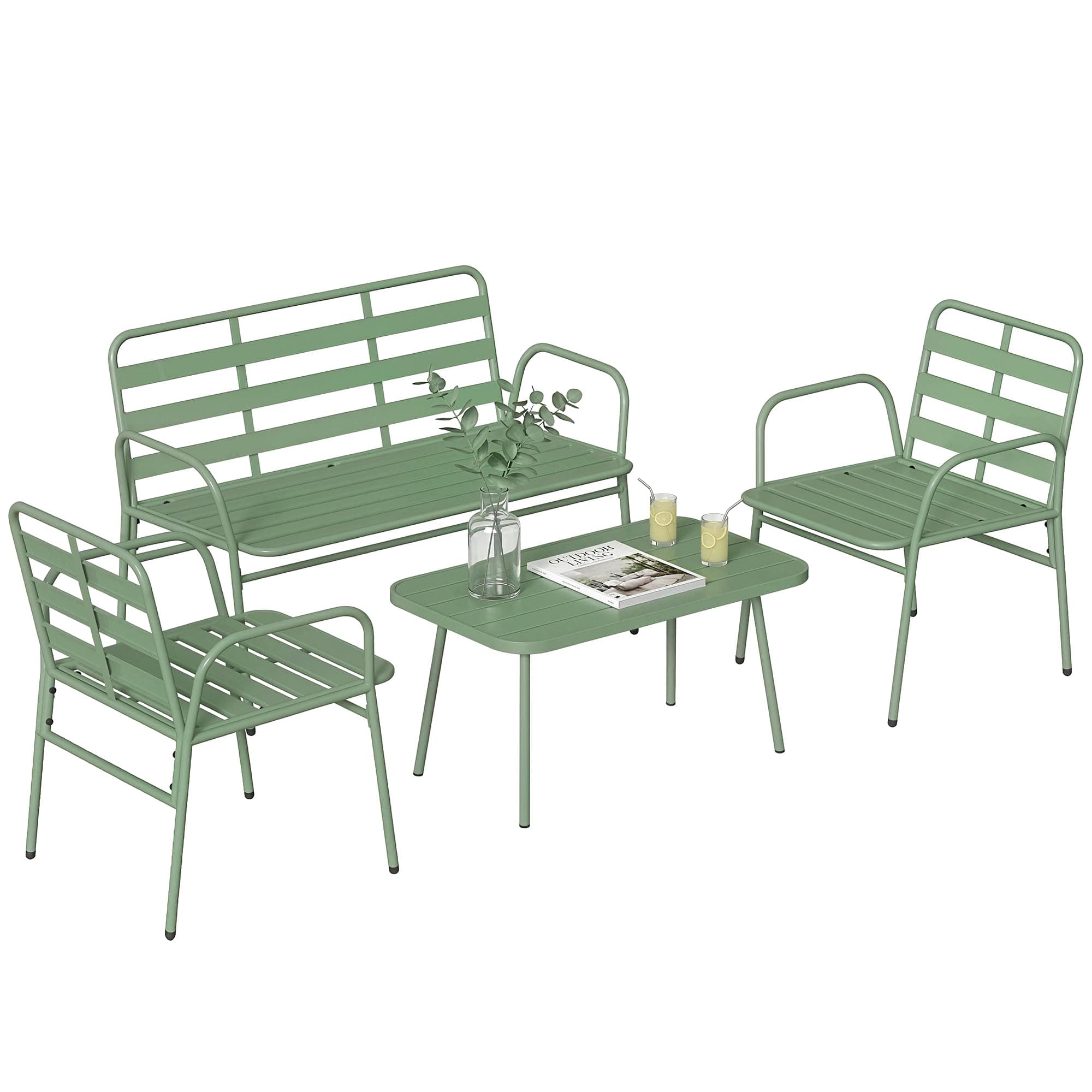 Outsunny Salon de Jardin Extérieur 4 Pièces, Canapé 2 Places, 2 Fauteuils, Table Basse, Mobilier de Jardin à Lattes pour Balcon Terrasse, Acier, Vert