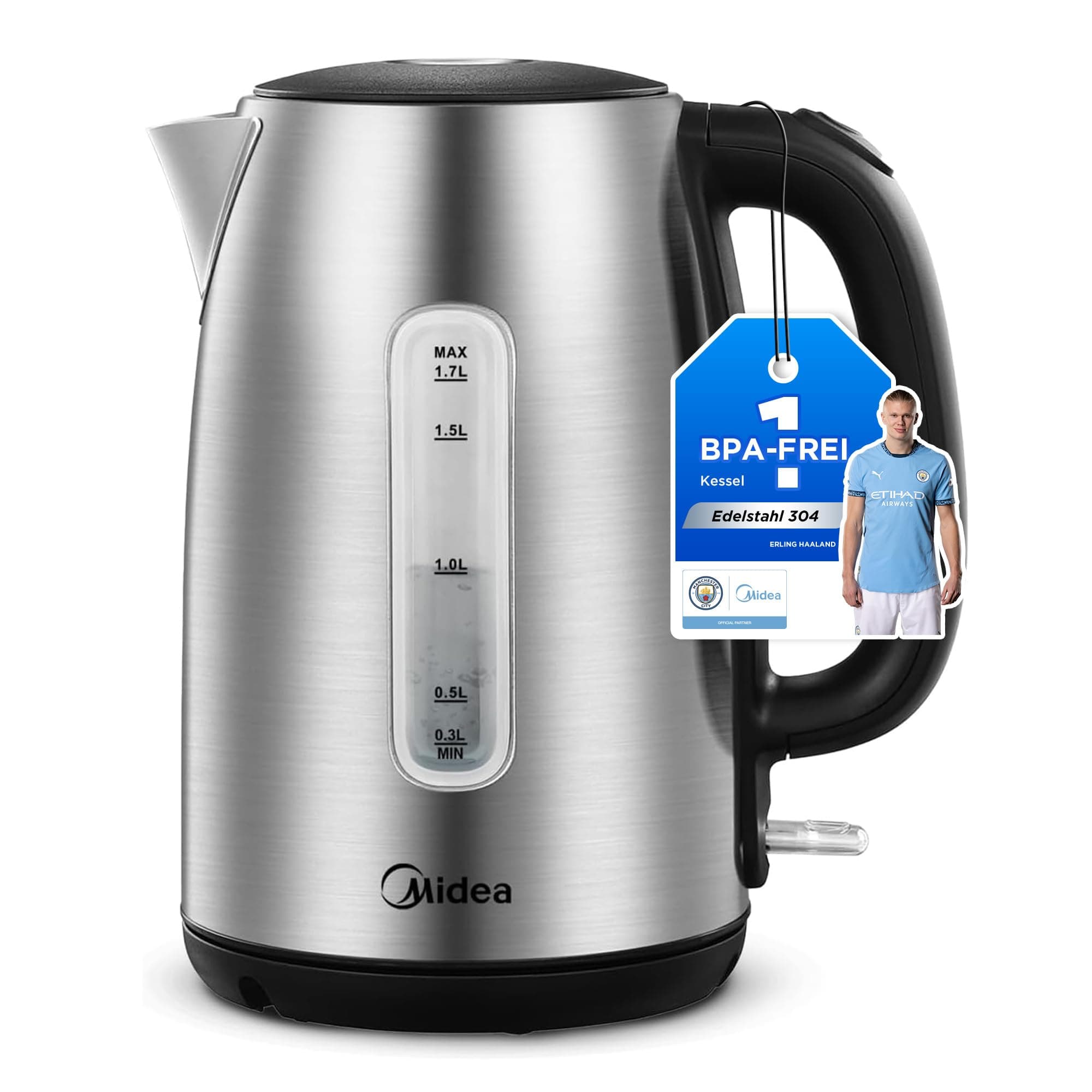 Midea Wasserkocher Edelstahl 1.7L, BPA-freier Wasserkocher, 2200W Schnellkochfunktion, Kettle mit Wasserstandsanzeige, LED-Leuchtanzeige, 360°-Basis, Trockenlaufschutz, MKE17M1ADS