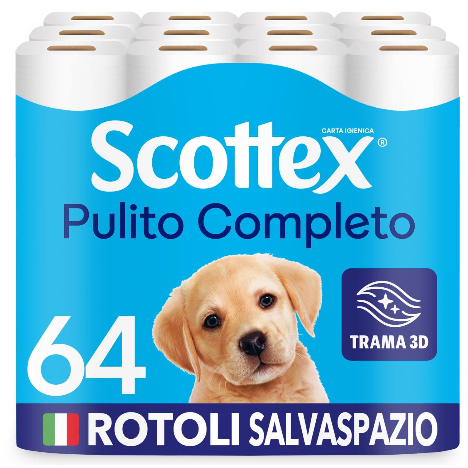 Scottex Carta Igienica, Formato Salvaspazio, Cotone, Confezione 100% Riciclabile, Fatto in Italia, 64 Rotoli