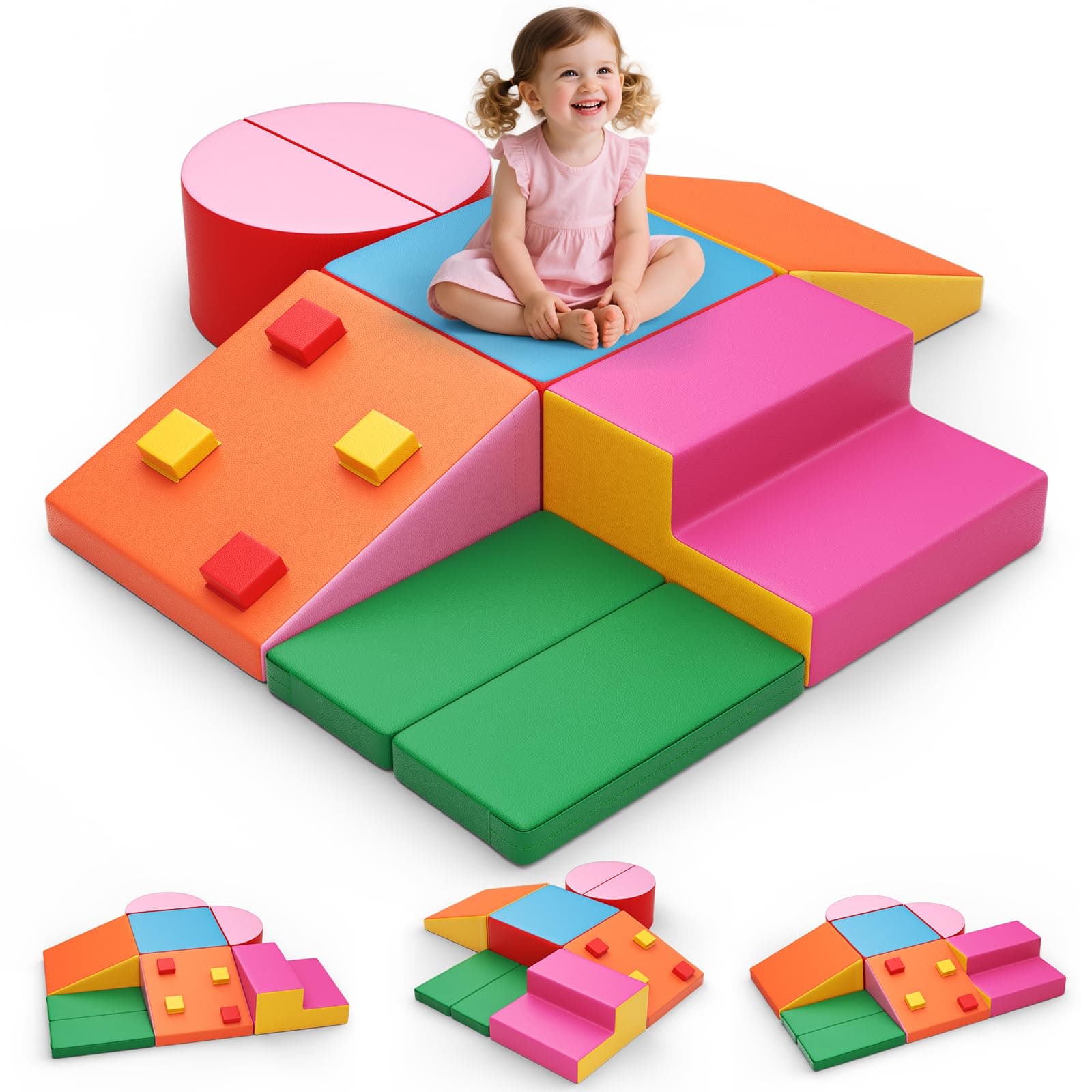 Helangel Bloques de construcción de Espuma XXL para niños, Bloques de Espuma para Escalar con Funda de Cuero, Juego Suave para Escalar para niños pequeños de 1 a 3 años (Colores Mixtos-7)