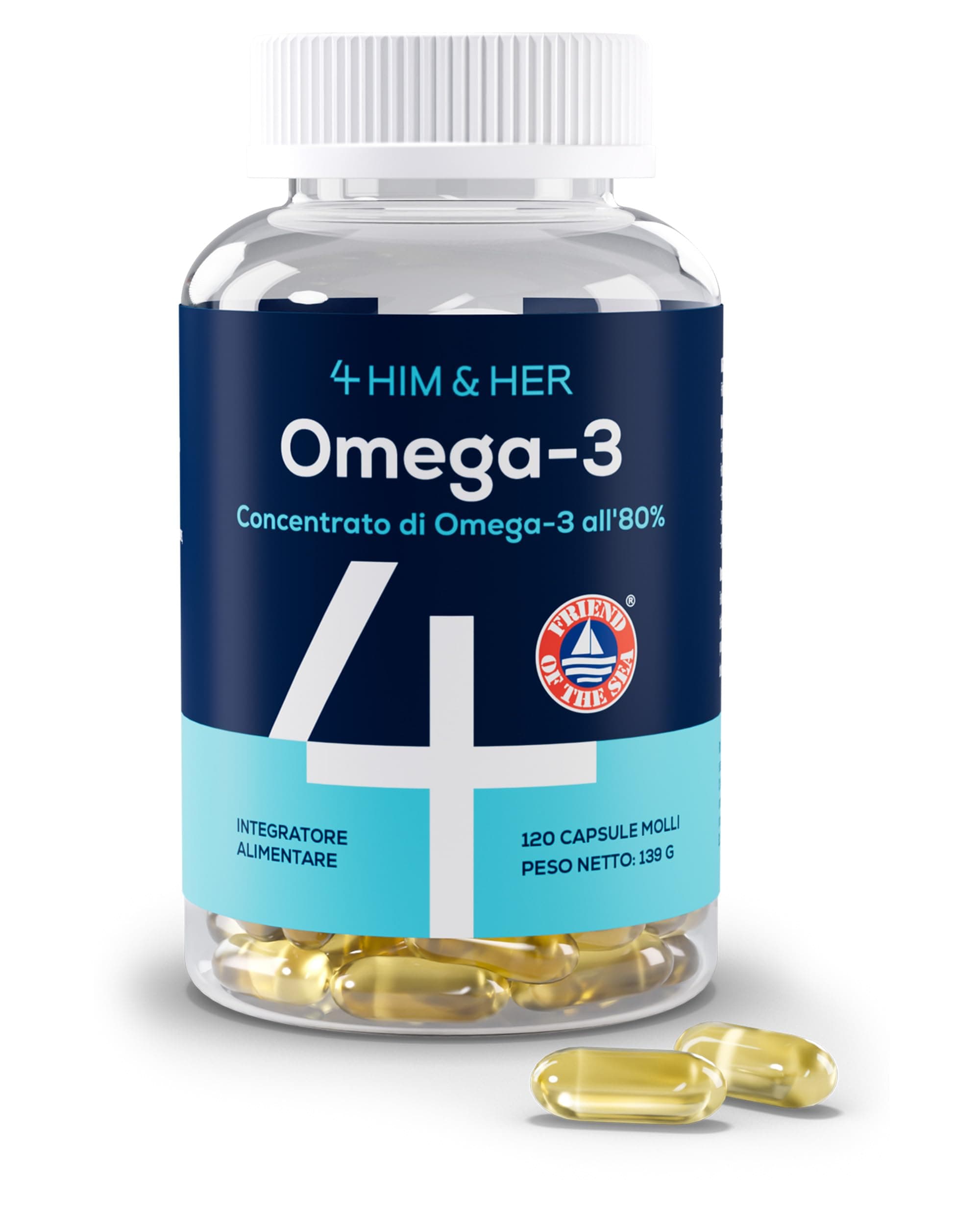 Omega 3 Olio di Pesce Alta Concentrazione 80% rTG – 120 Capsule Molli – Integratore Omega-3 con 1334mg per Dose, Elevato EPA e DHA per Cuore, Vista e Funzione Cerebrale – 4 HIM & HER