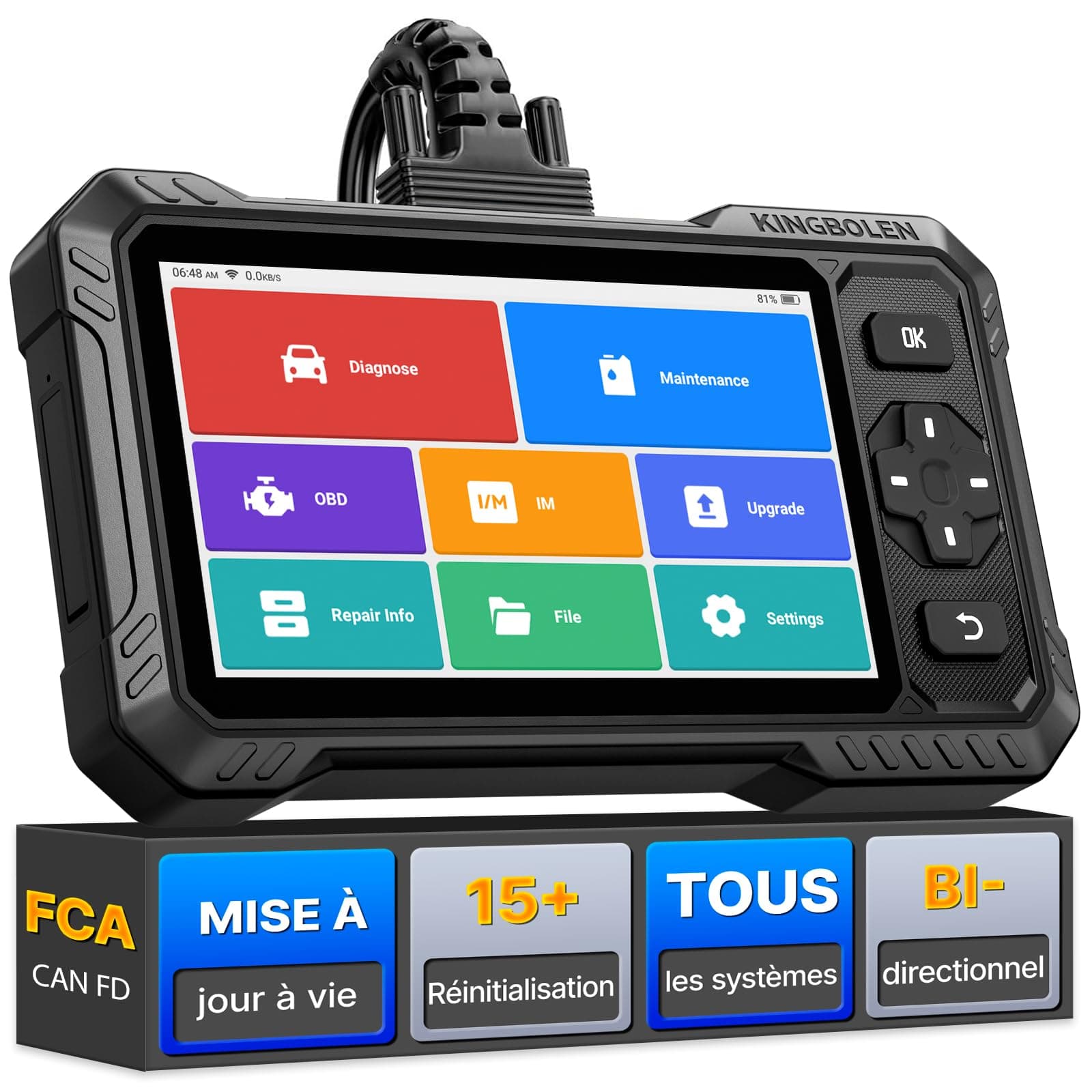 KINGBOLEN S6 Elite Valise Diagnostic Auto, OBD2 Diagnostic Français pour système Complet avec 15+ Réinitialisations, Contrôle Bidirectionnel, CANFD＆FCA, Mise à Jour Gratuite à Vie