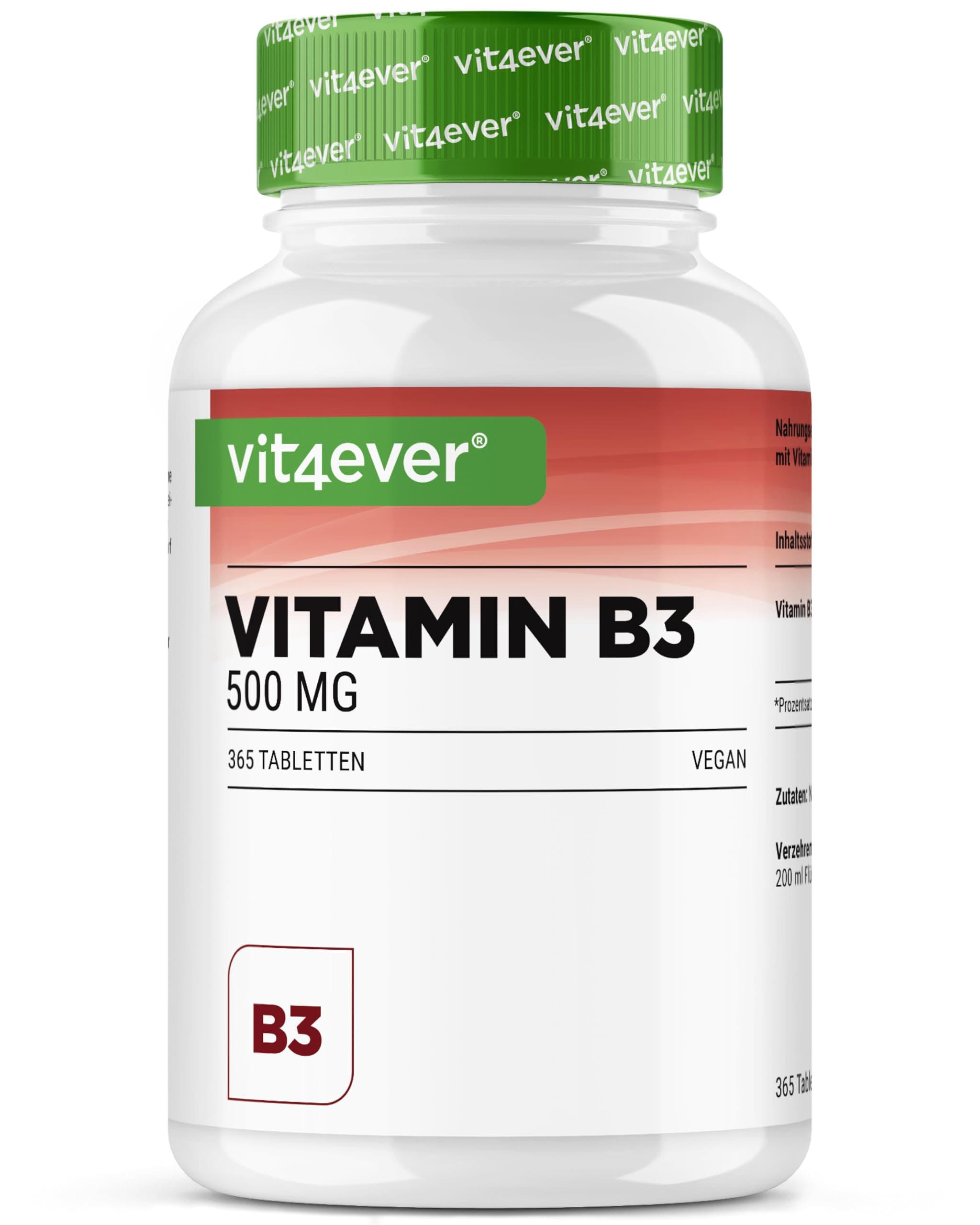 vit4ever Vitamin B3 (Niacin) - 500 mg Nicotinamid - 365 Tabletten - Hochdosiert - Flushfree - 12 Monatsvorrat - Ohne unerwünschte Zusätze - Vegan