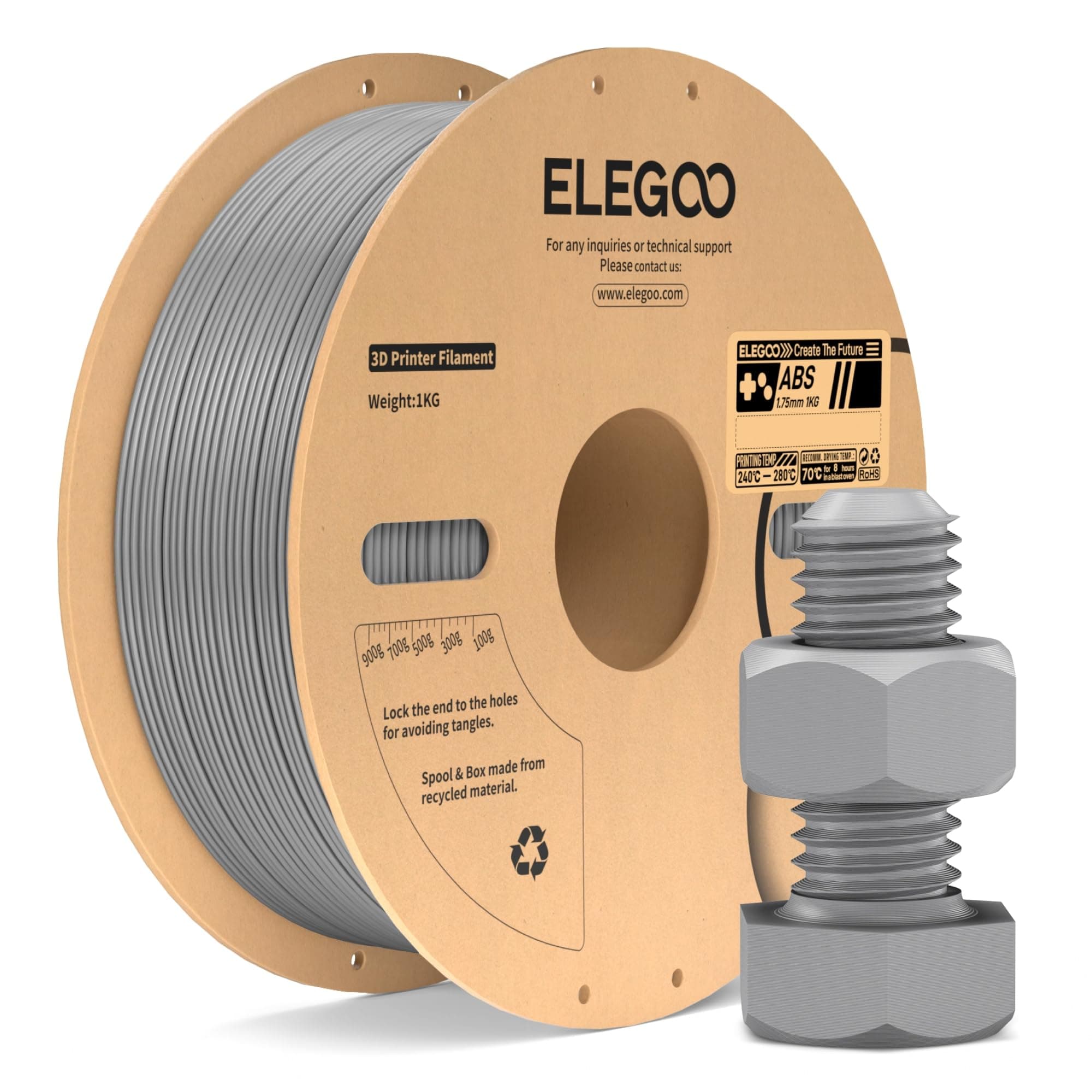 ELEGOO ABS Filament 1,75 mm Grau 1KG, 3D-Drucker Filament, Hohe Zähigkeit und Schlagfestigkeit, Hitze- und Wasserbeständig, Ingenieurebene 3D Druckmaterialien für 3D Printer, 1kg Spule