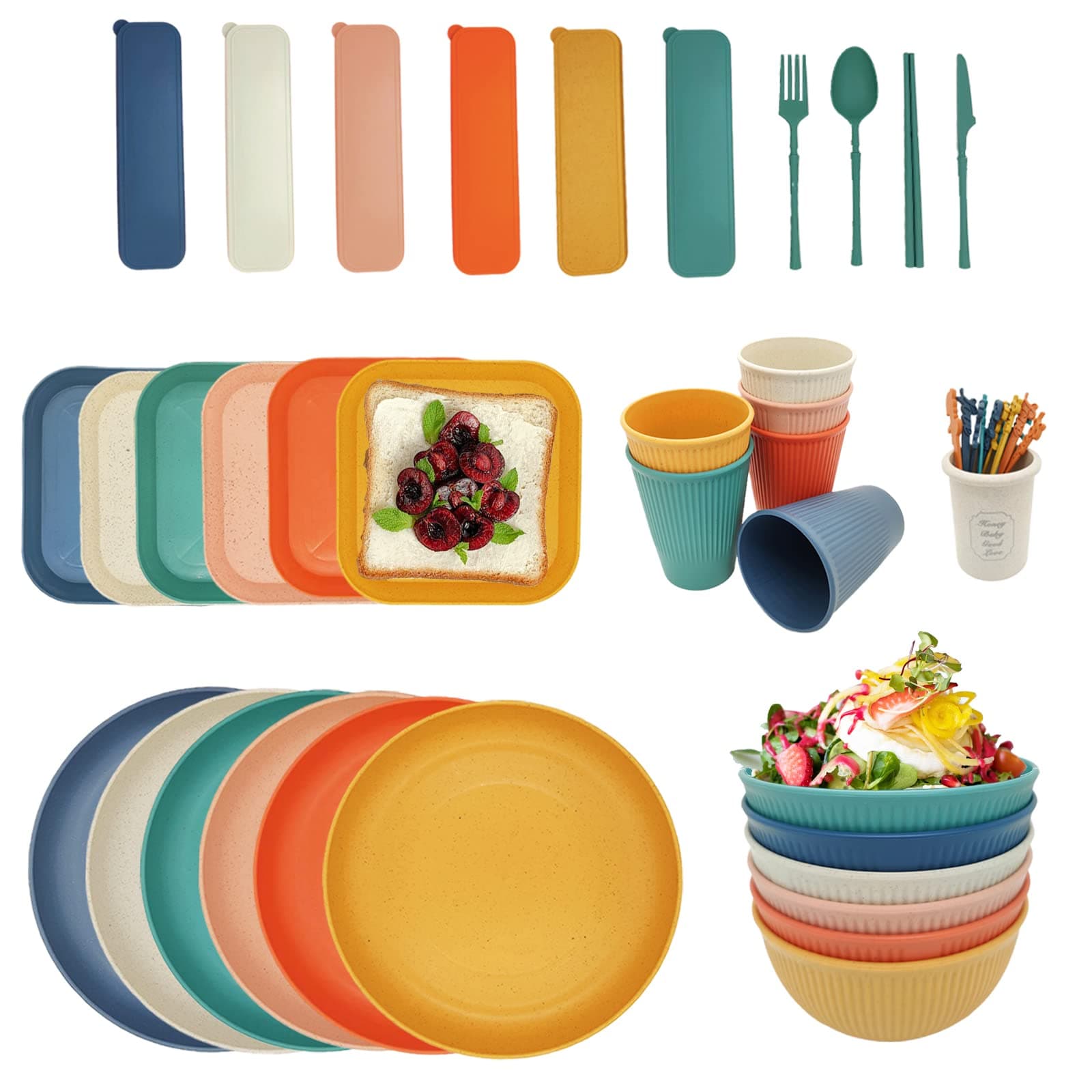 YEEBECA 67 Pièces Vaisselle Camping, Plastique Reutilisable Sans BPA pour 6 Personnes, Set Pique Nique Adapté Pour Les Repas De Famille, Les Pique-Niques, Passe Au Lave-Vaisselle.